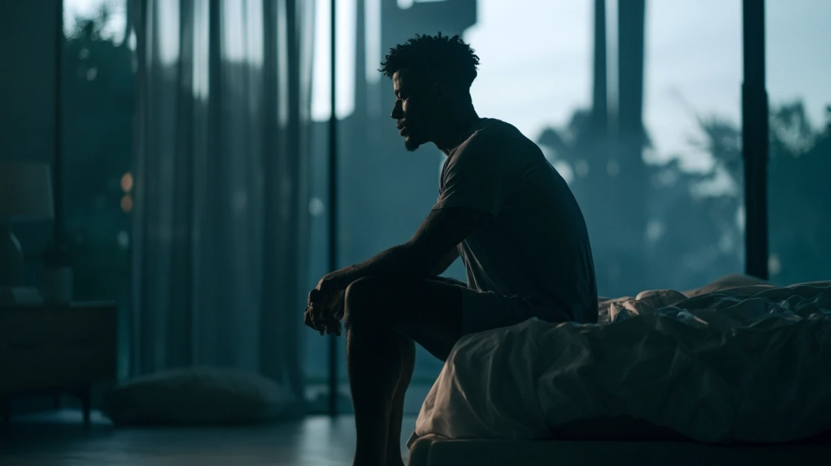 Man sitting upright on the edge of a bed doing extended-exhale breathing