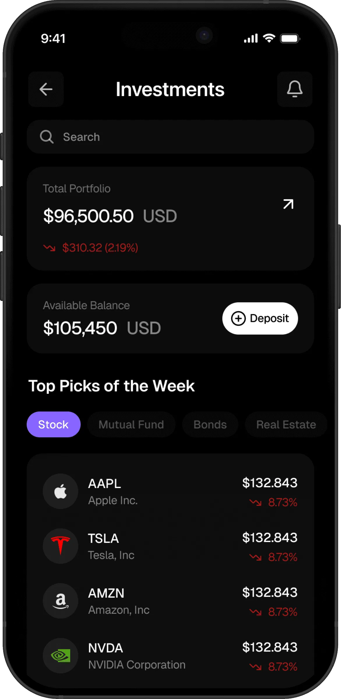 Investment portfolio with stocks, balances, and deposit option.