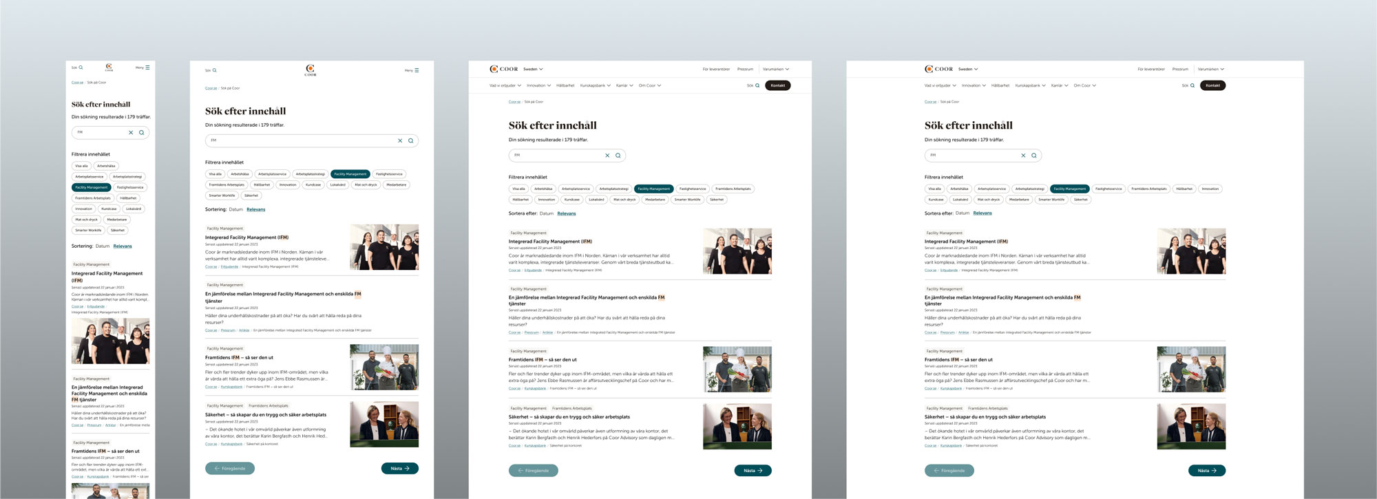 Responsive overview of Coor's search pages.