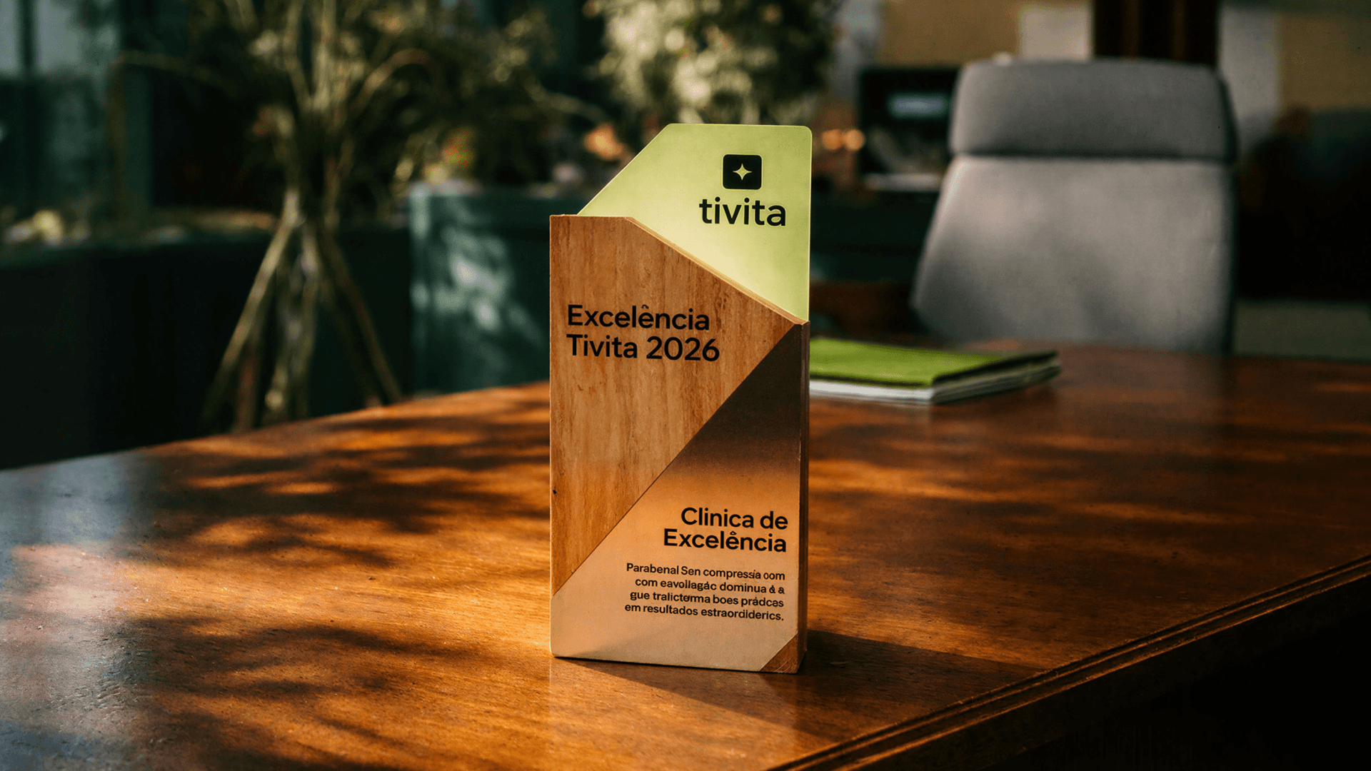 Troféu do Prêmio Excelência Tivita 2026 sobre uma mesa de madeira, com o logo da Tivita e a inscrição “Clínica de Excelência”, representando clínicas.