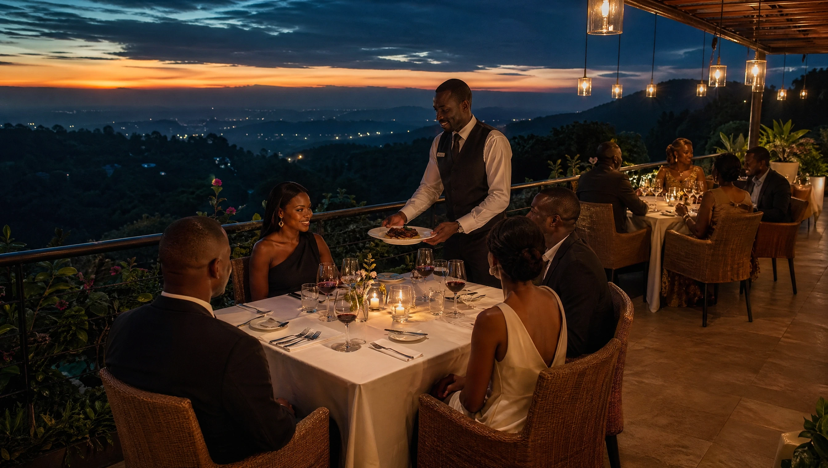 Waiter serving a plated dish to guests dining on an open-air terrace overlooking hills at dusk.
