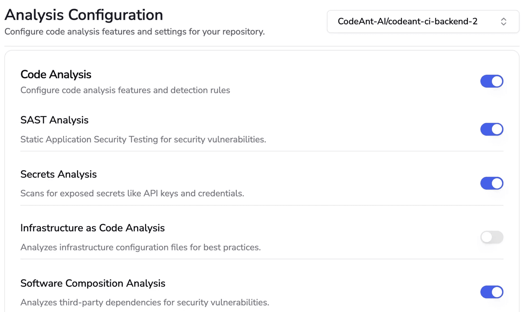 CodeAnt AI analysis configuration screen showing toggle-based controls for SAST, secrets detection, infrastructure as code, and software composition analysis per repository.