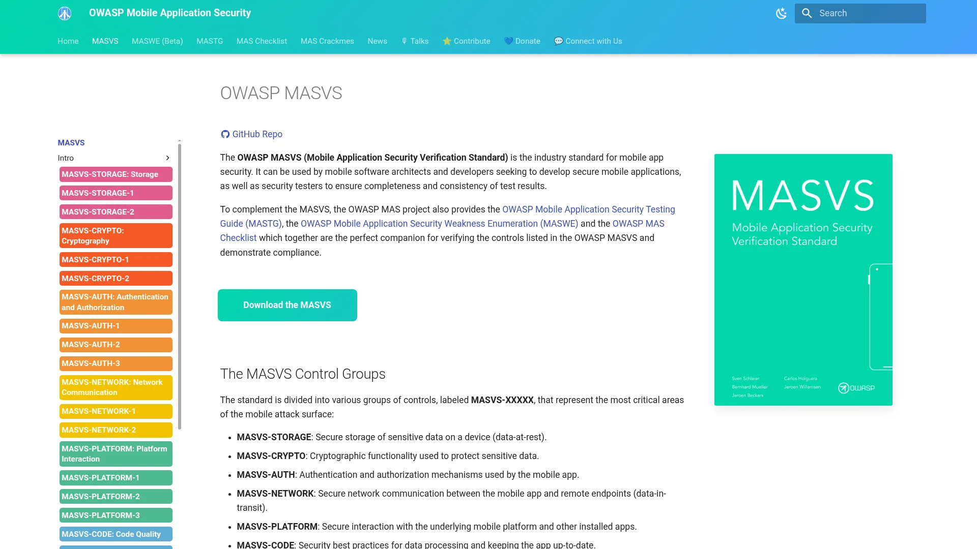 OWASP Mobile Application Security project page showing the Mobile Top 10 security risks