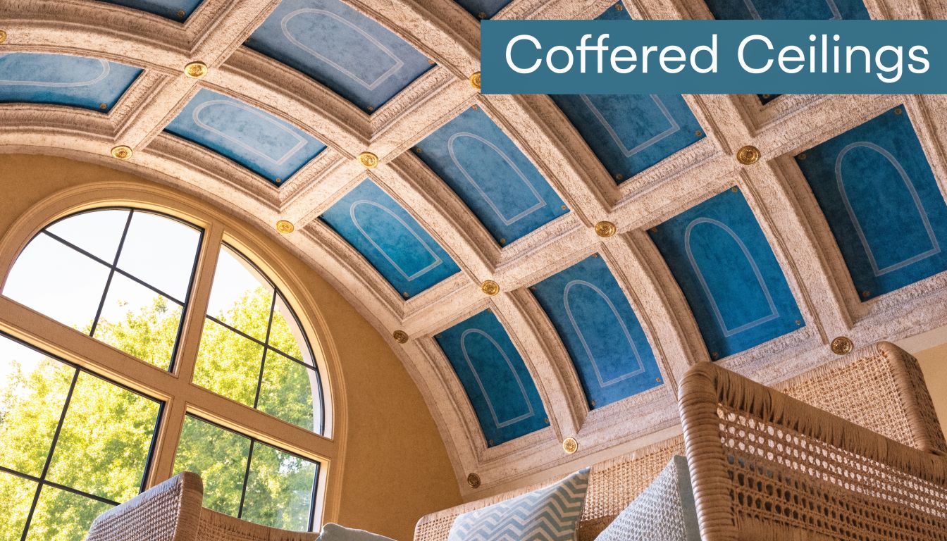 An elegant room featuring an arched coffered ceiling with deep blue panels and a large window.