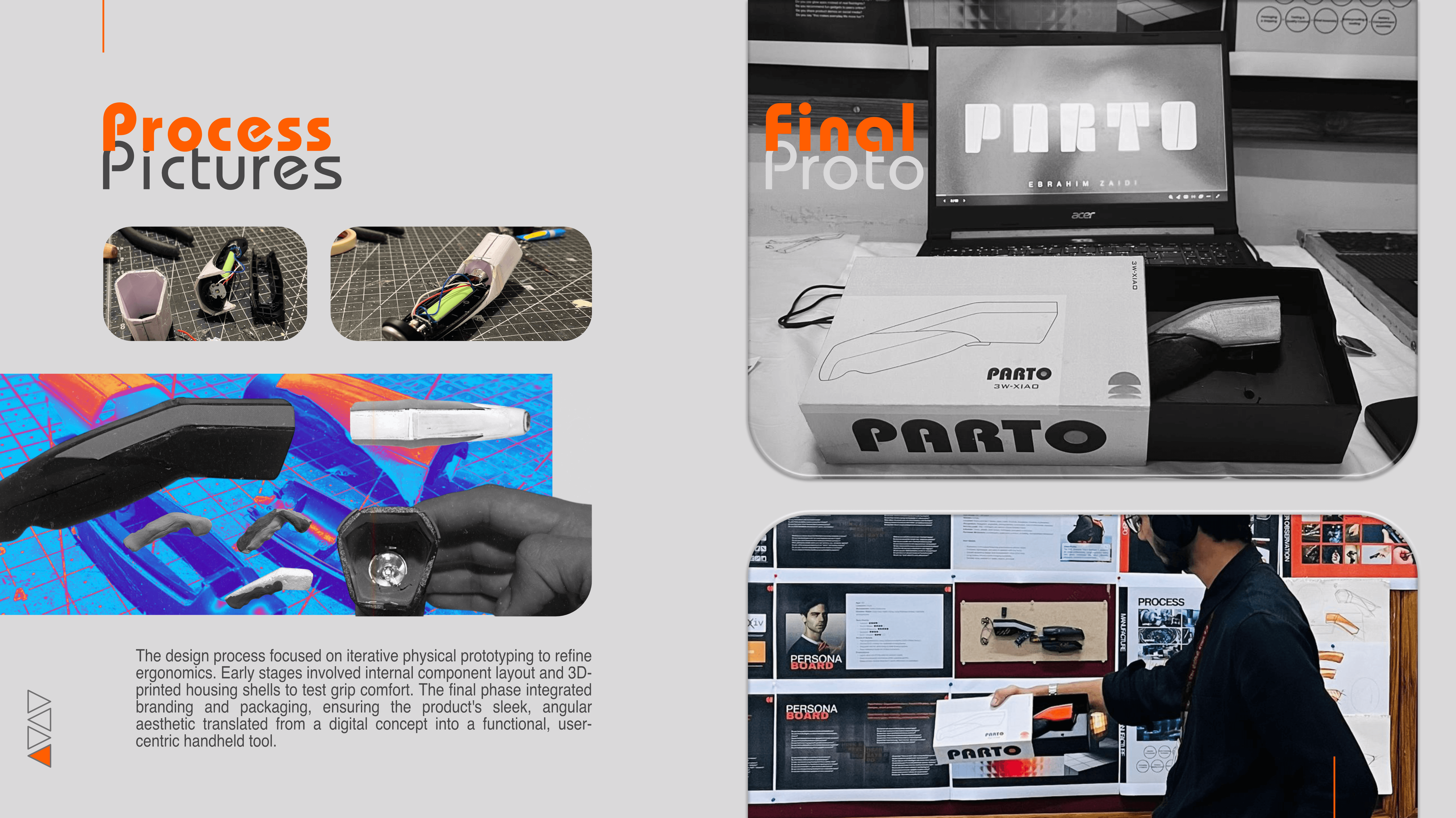 Documents the iterative physical prototyping stages, including internal hardware integration and the final high-fidelity model.