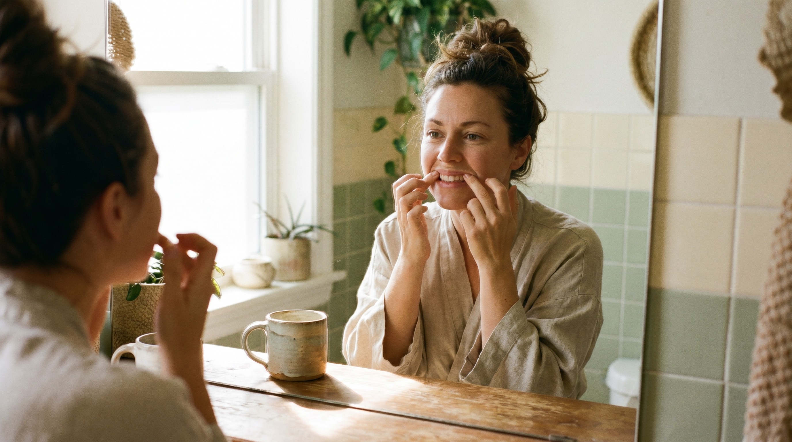 Woman examining her gums in a bathroom mirror in warm morning light