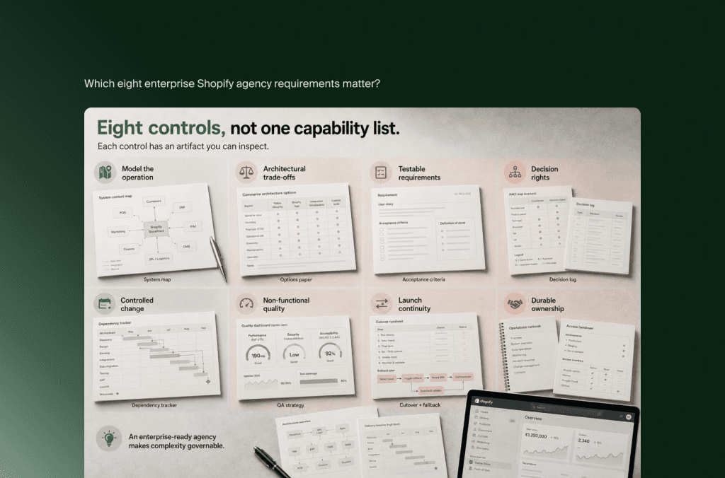 Infografik mit acht Enterprise-Kontrollen für eine Shopify-Agentur, jeweils mit prüfbarem Artefakt wie einem Entscheidungslog