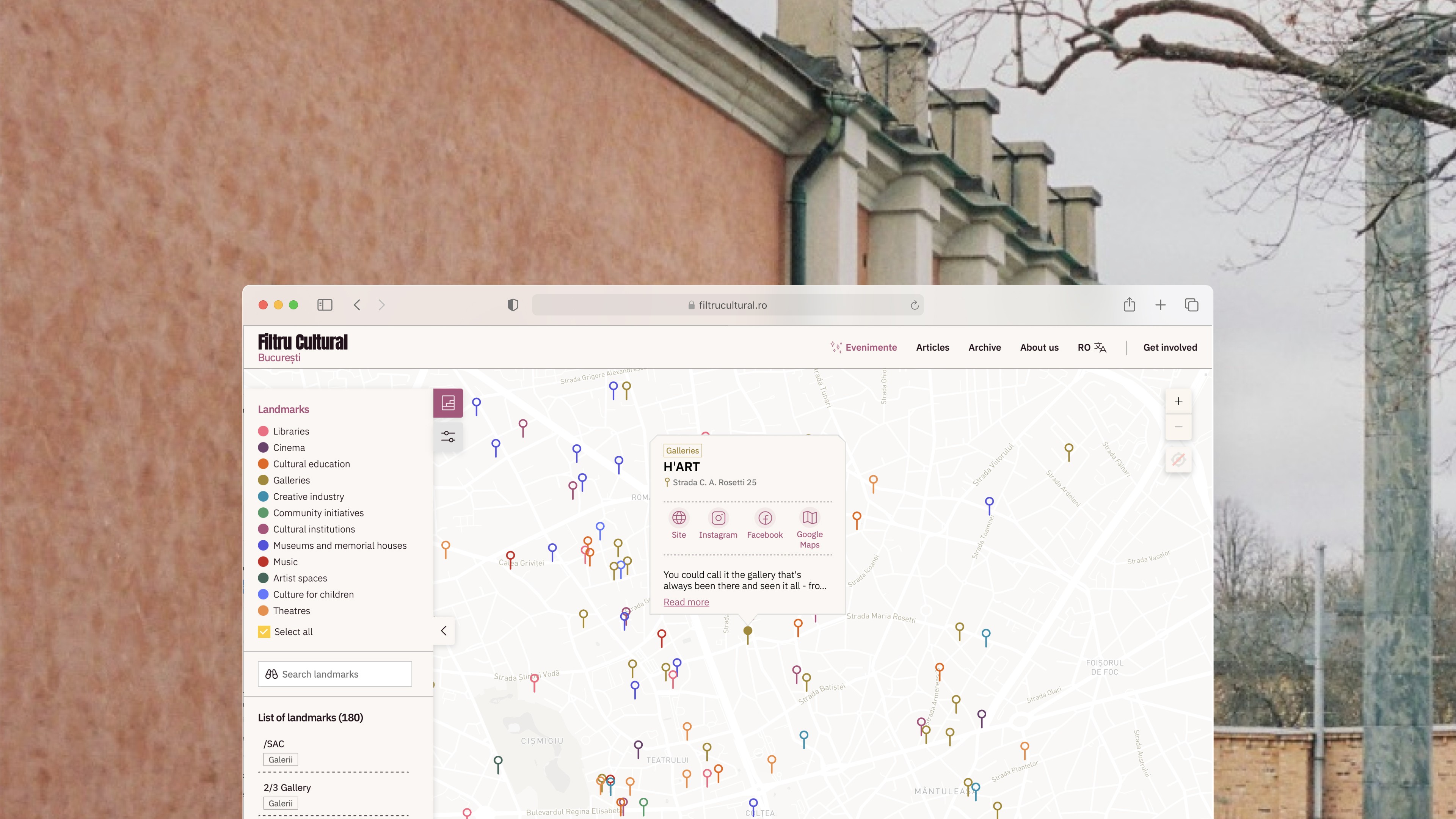 Cultural Filter Bucharest website with a map showing cultural locations and a sidebar listing categories like galleries and libraries.