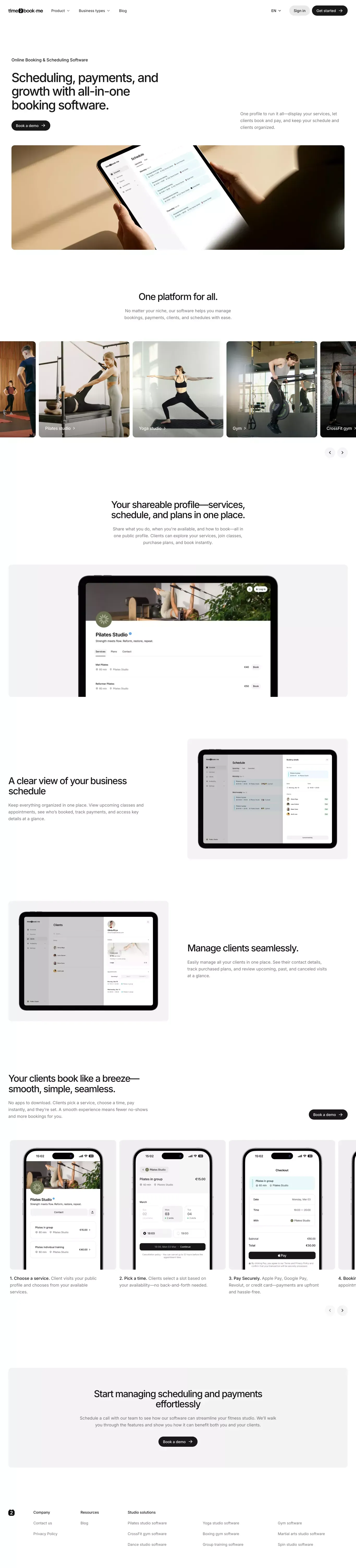 Online Appointment Scheduling Software landing page screenshot showcasing Finance and Tech design