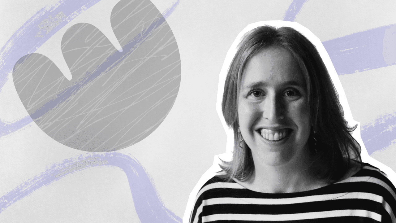 A smiling woman in a striped shirt, her face illuminated, against a backdrop of abstract grey and lavender Birdie-style.