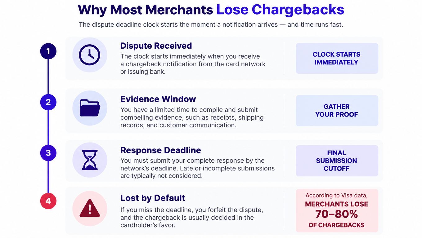 A four-step infographic illustrating the time-sensitive chargeback dispute process and reasons why merchants lose these disputes.