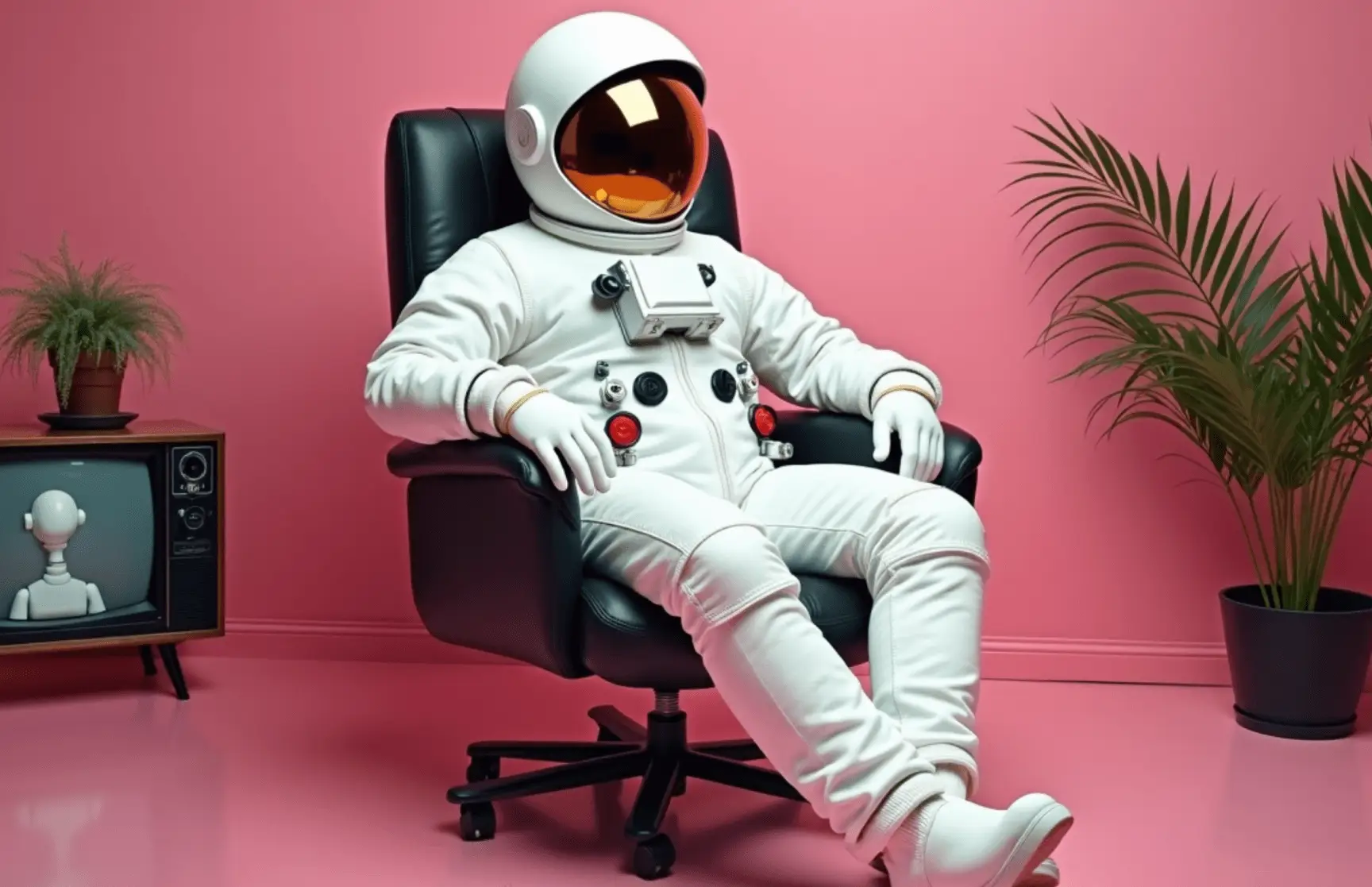 Astronaut sitzt auf einem Bürostuhl