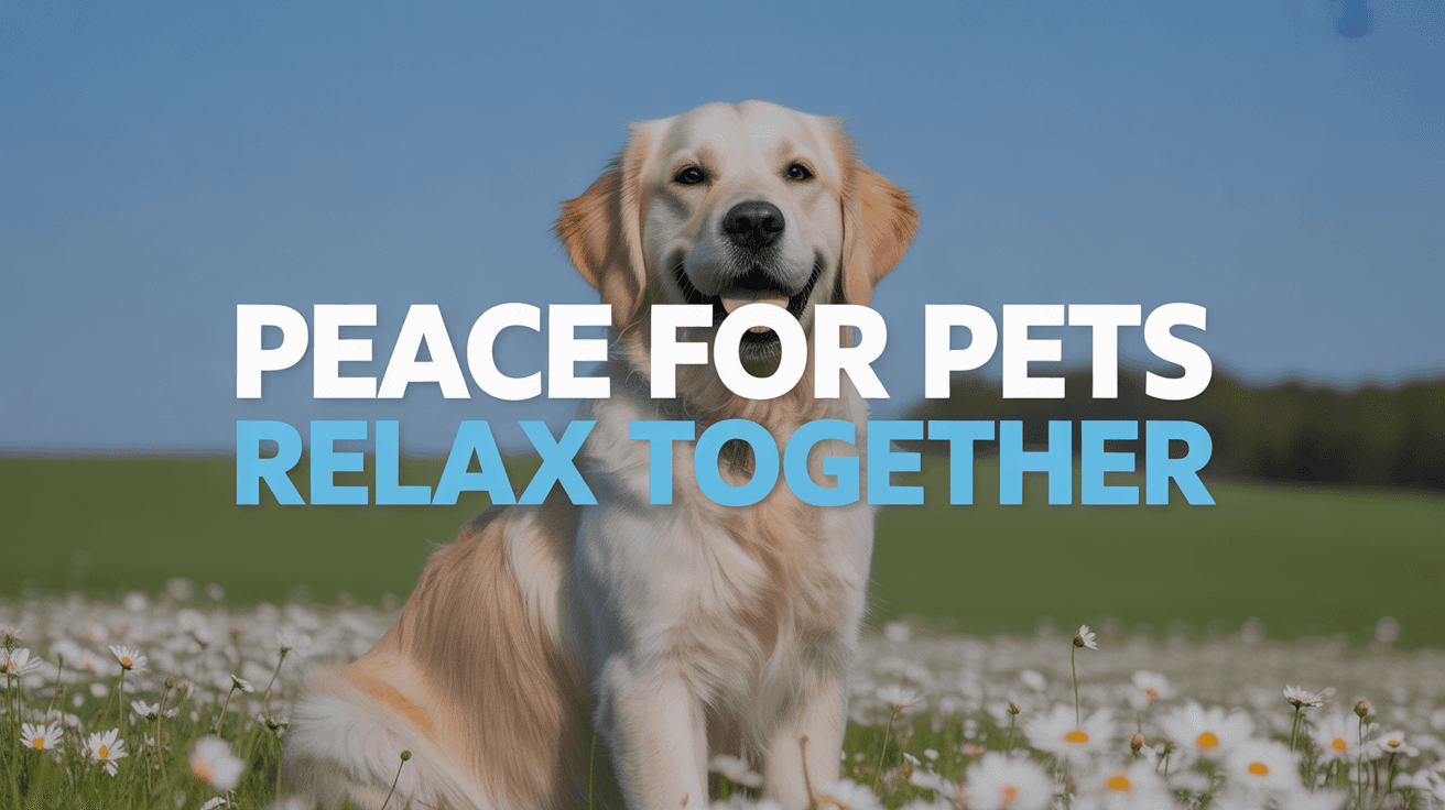 Golden retriever in a daisy field with Peace for Pets Relax Together headline over blue sky