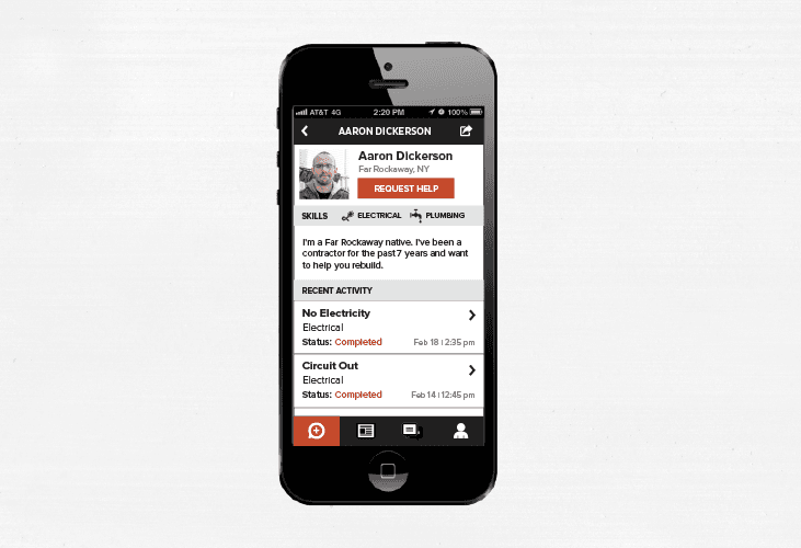 A black iPhone displays Aaron Dickerson’s profile page on a mobile device. The screen shows his name, location (Rockaway, NY), and a request for help. The profile includes sections for "SKILLS," "ELECTRICAL," and "PLUMBING," with statuses for "No Electricity" (completed) and "Circuit Out" (completed). Below the profile, a list of recent activities is visible.