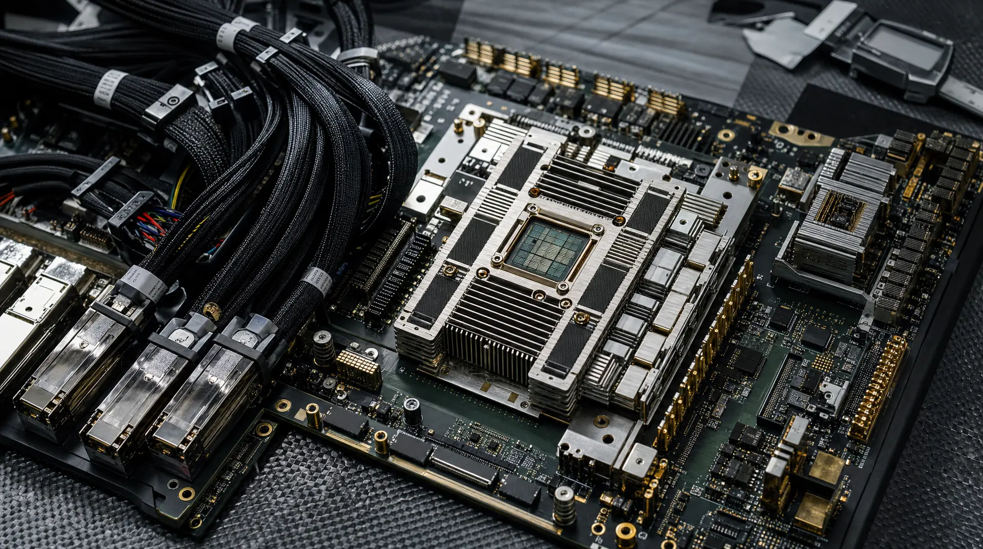 Close-up of a high-density server or semiconductor circuit board with stacked memory modules, cooling ports, and bundled cables, representing semiconductor marketing in technology branding.