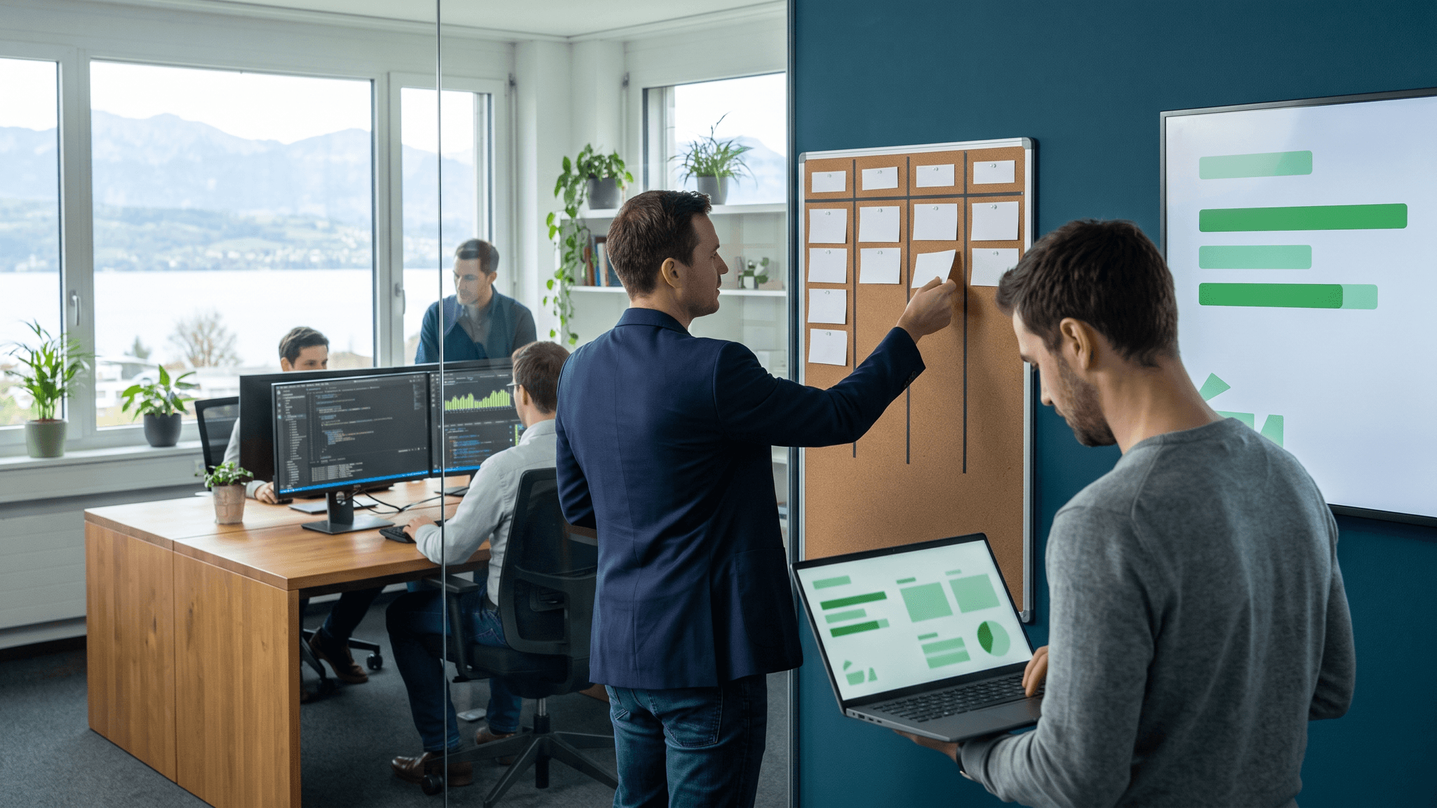 Agile team moving a card to the last column of a task board next to green pipeline status bars