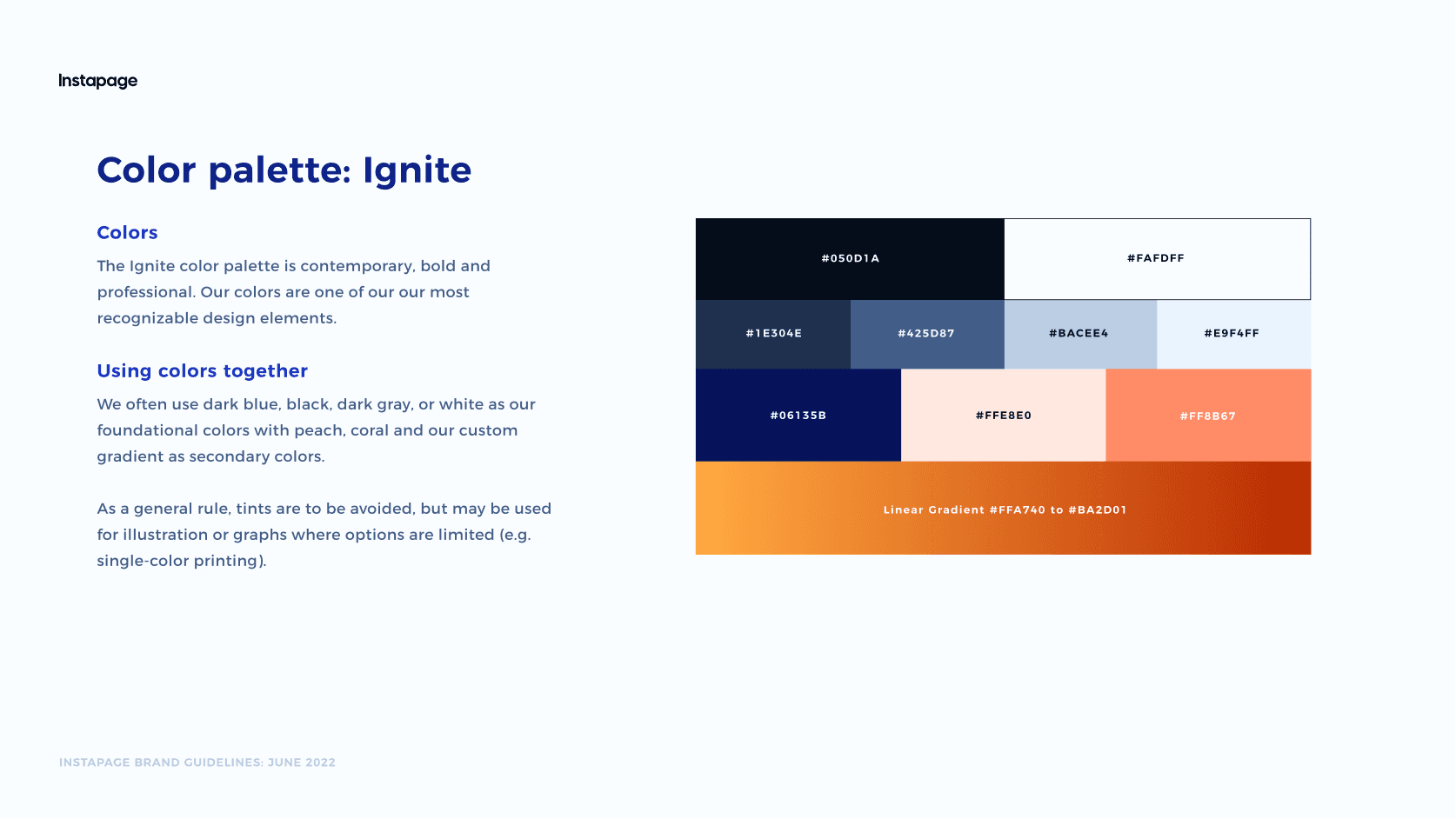 Brand color palette for "Ignite" including dark blue, gray, peach, and coral.