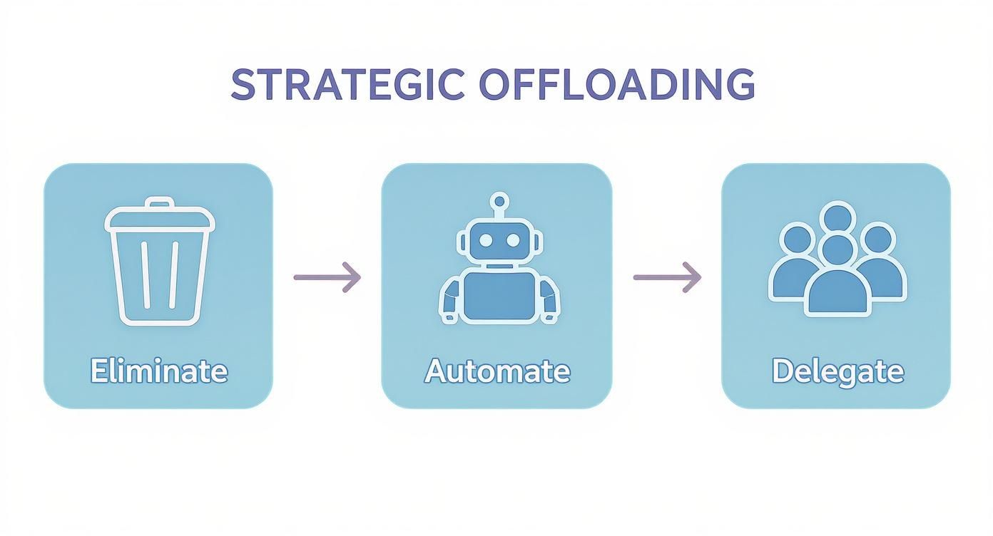Flowchart illustrating strategic offloading steps: eliminate, automate, and delegate, with respective icons.