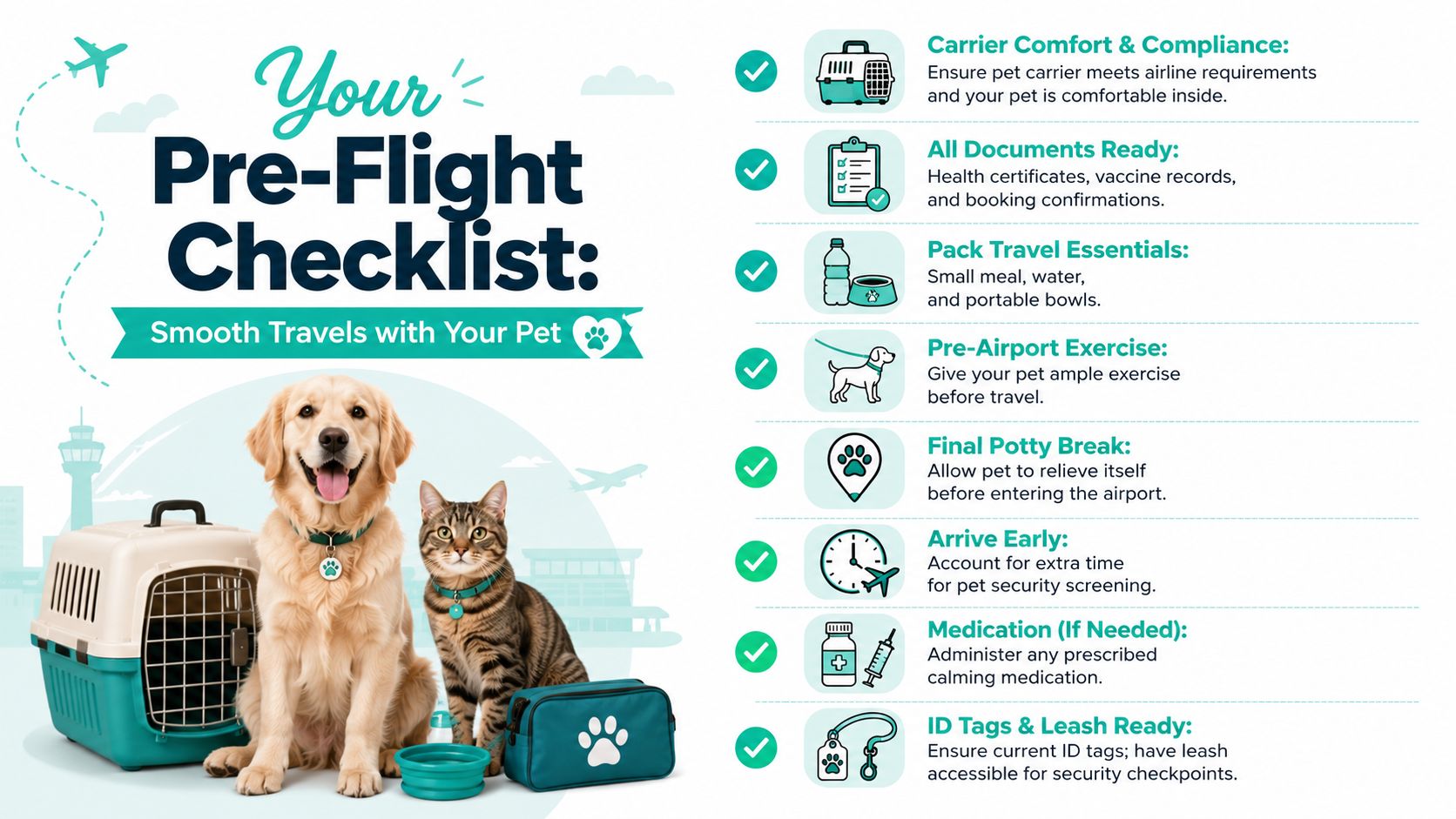 An infographic titled Your Pre-Flight Checklist for pets, showing tips for traveling with dogs and cats.