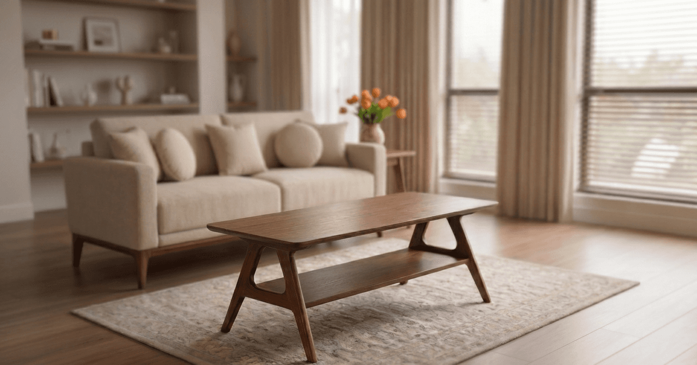 Three‑seater olive green upholstered sofa with straight cushions and wooden base