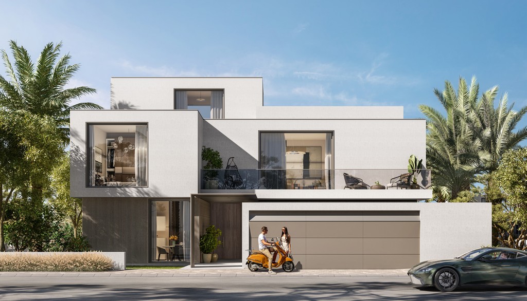 A contemporary house with a vehicle parked outside, attributed to Palmiera Collective's design.