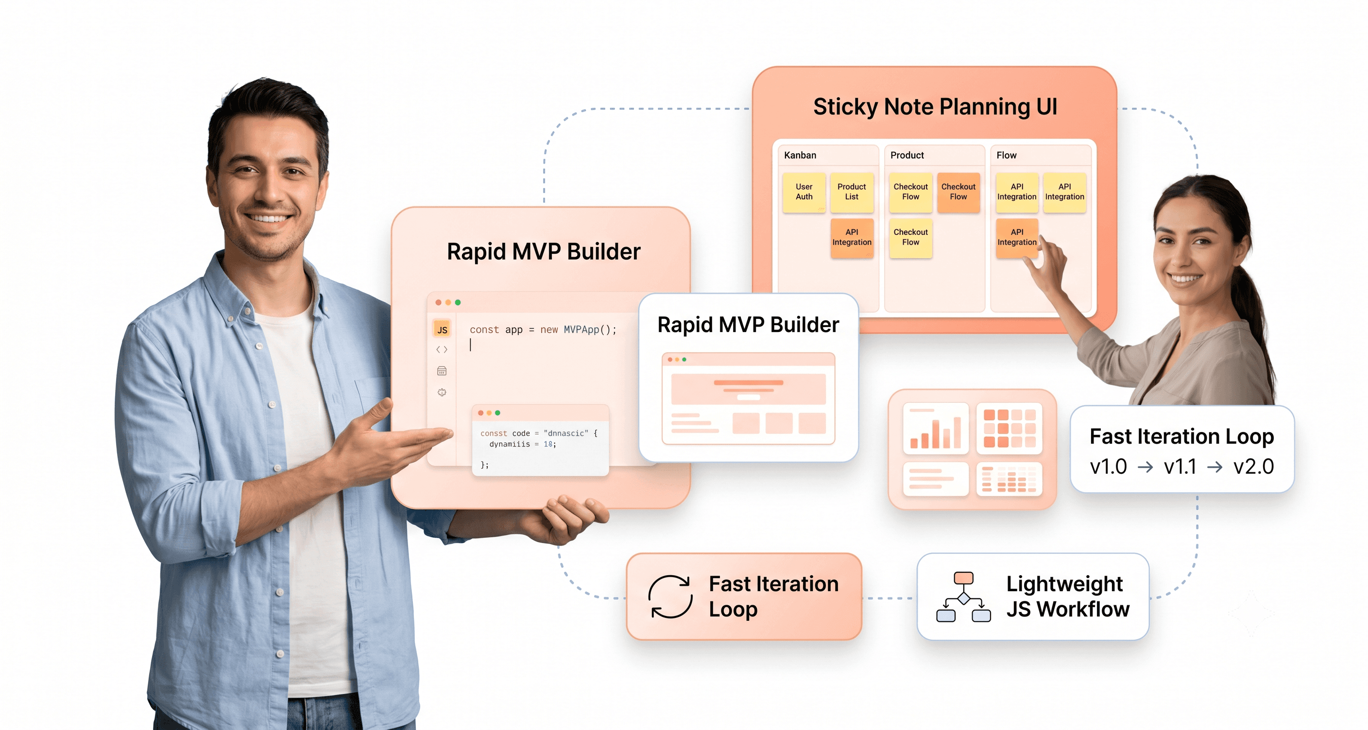 Startup development workflow visual showing JavaScript rapid prototyping and MVP creation