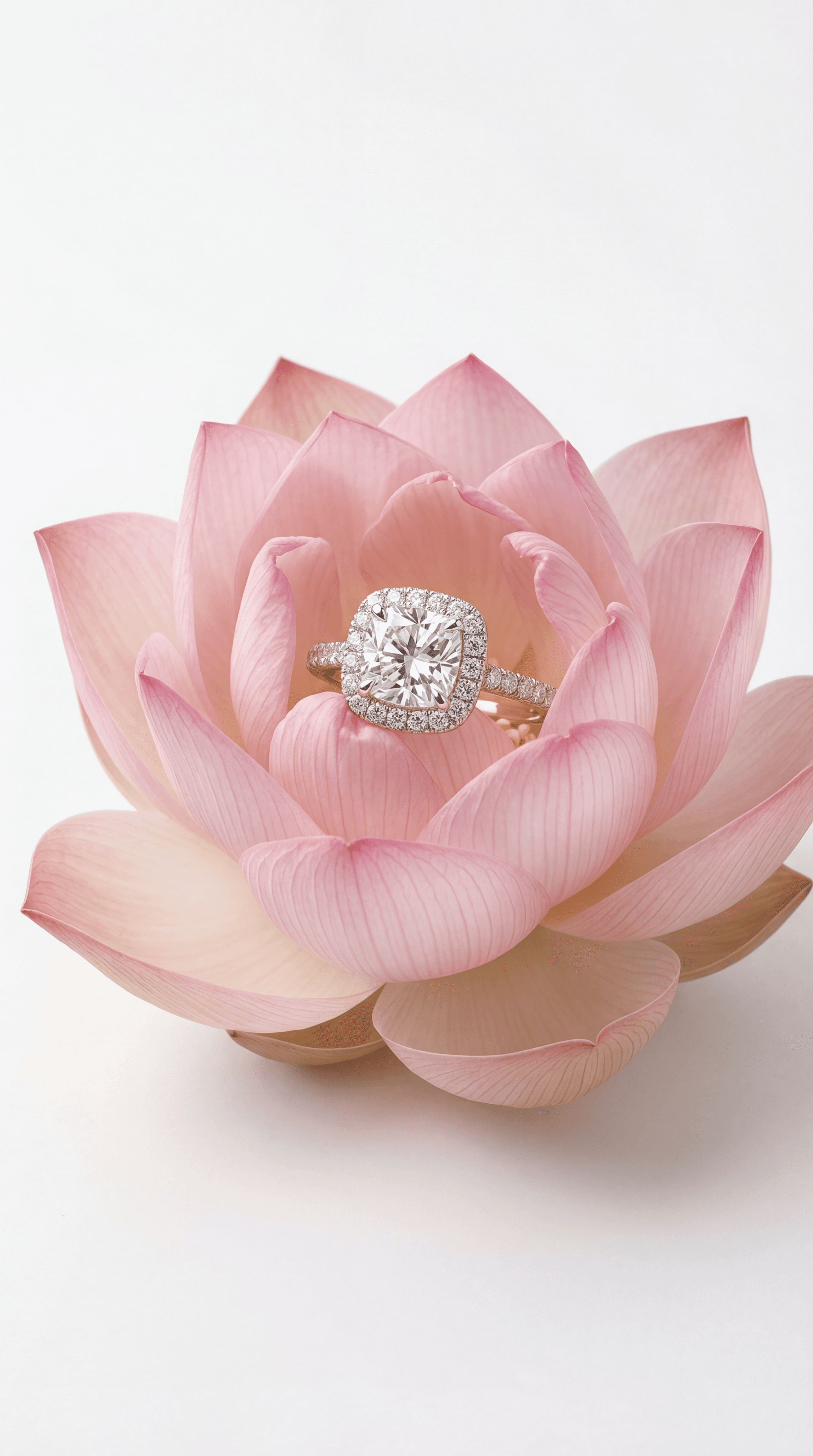 Cushion cut diamond halo engagement ring nestled in pink lotus flower petals