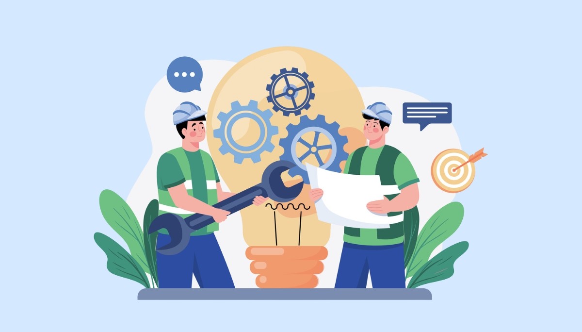 Illustration of a person surrounded by symbols like a question mark, light bulb, gears, and puzzle pieces.