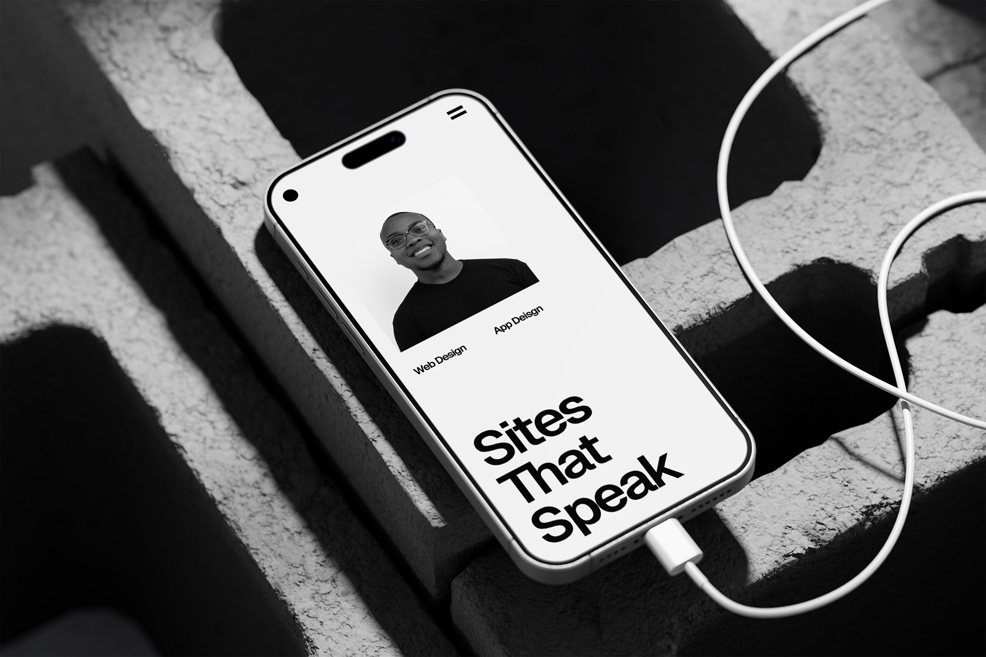 Phone on concrete bricks, website on screen