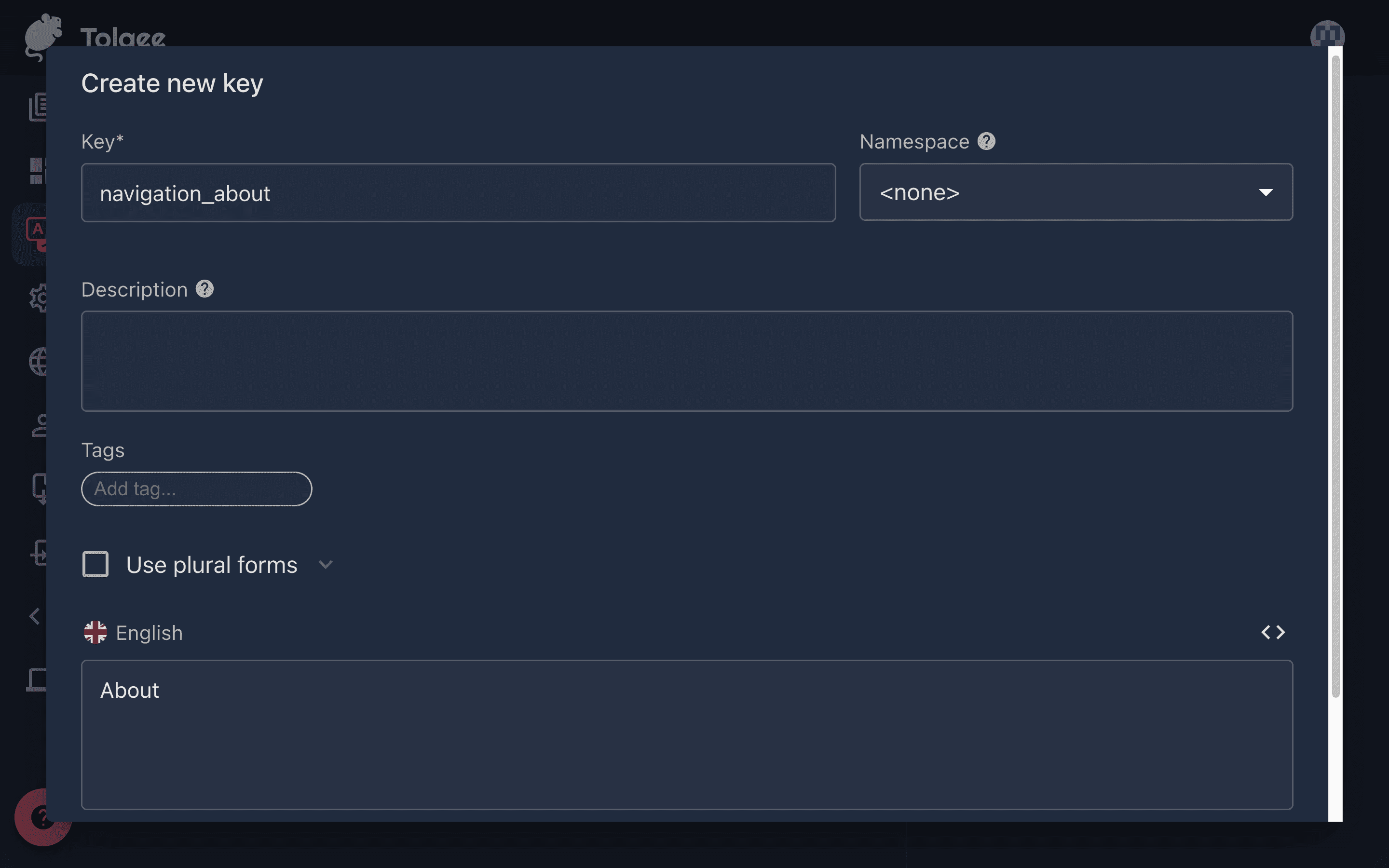 Create New Key Tolgee