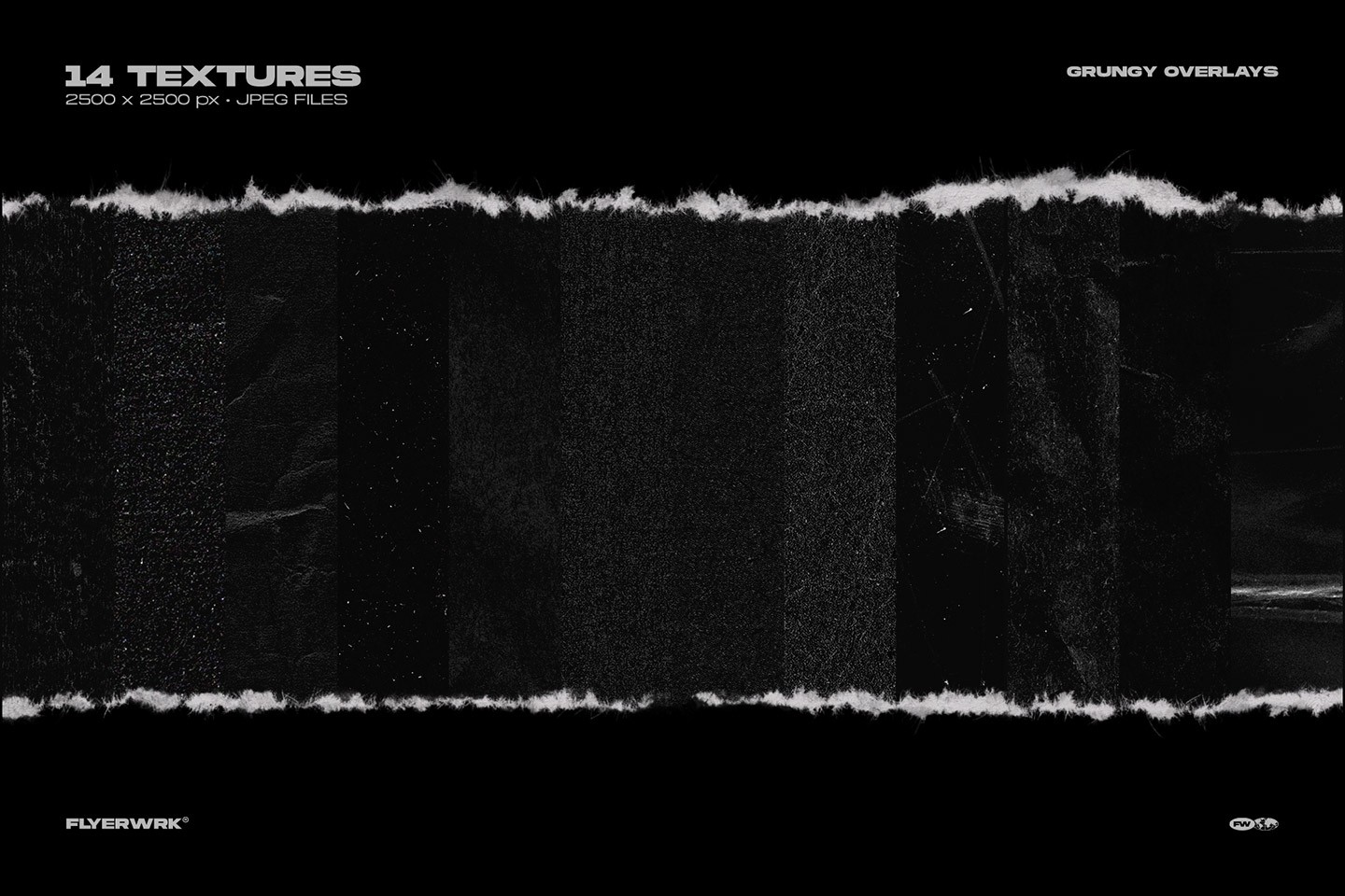 Fourteen dark grungy paper textures used for creating layered overlays with a realistic torn paper aesthetic