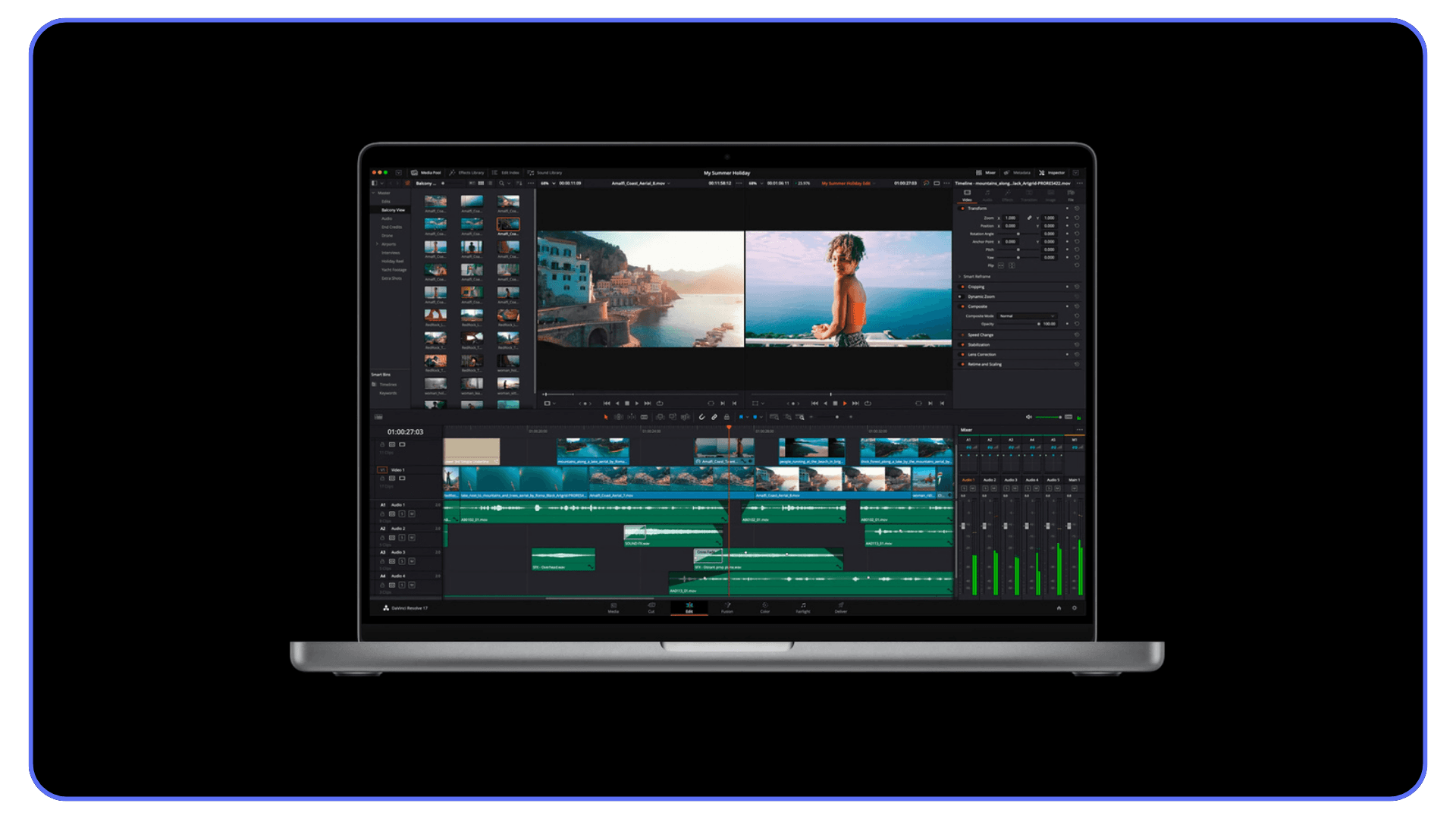 MacBook Pro on a dark background running DaVinci Resolve with a multi-track video timeline and color-graded preview.