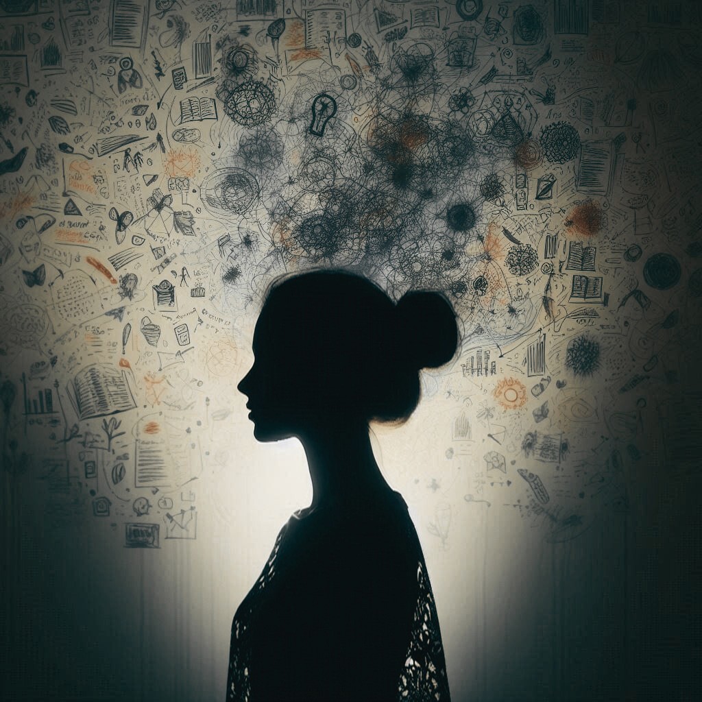 ilhouette di donna in controluce davanti a uno sfondo con segni e disegni astratti, metafora della strategia visiva che unisce immagini e parole.