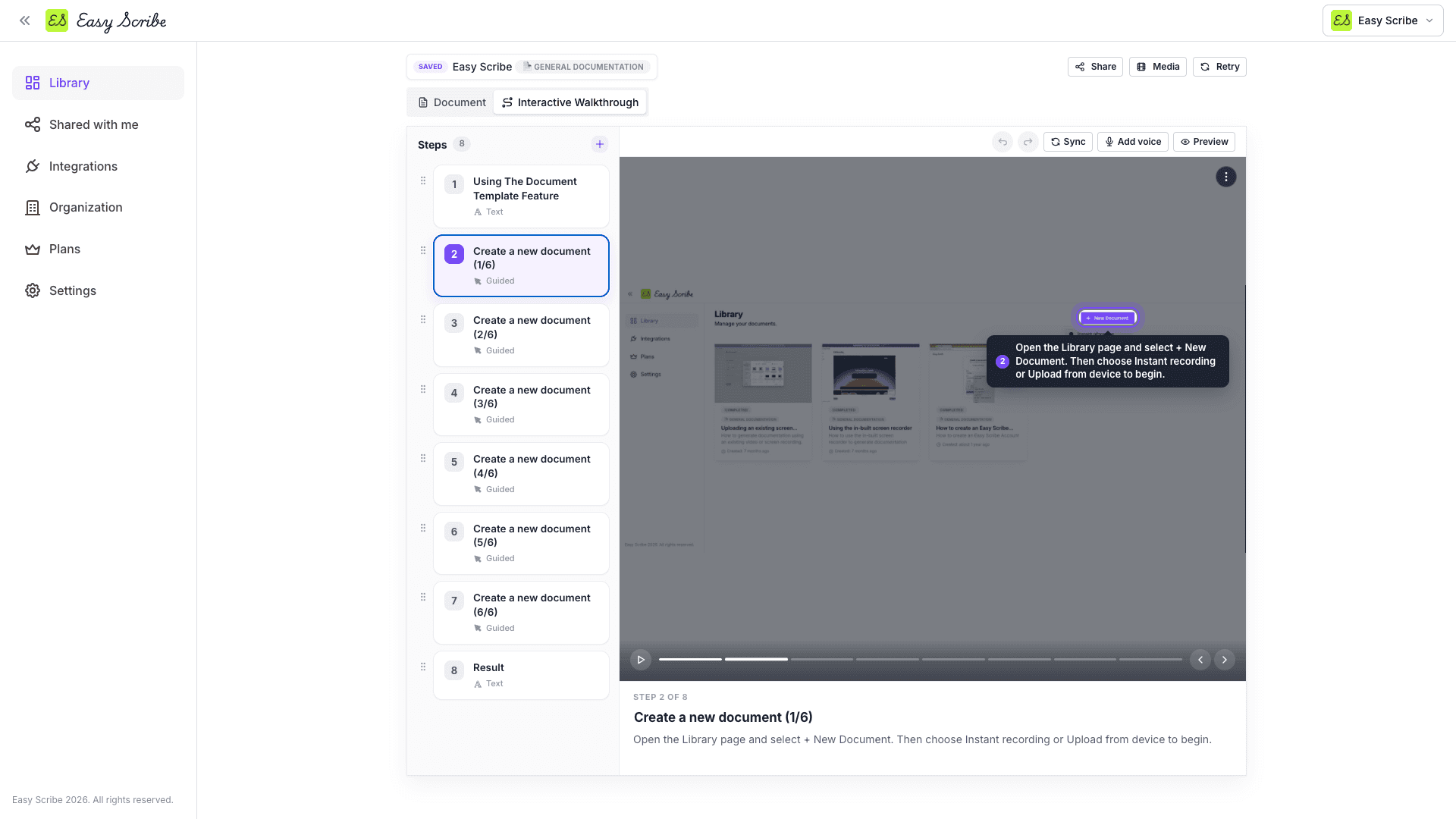 Easy Scribe interactive walkthrough editor showing a multi-step guided tutorial