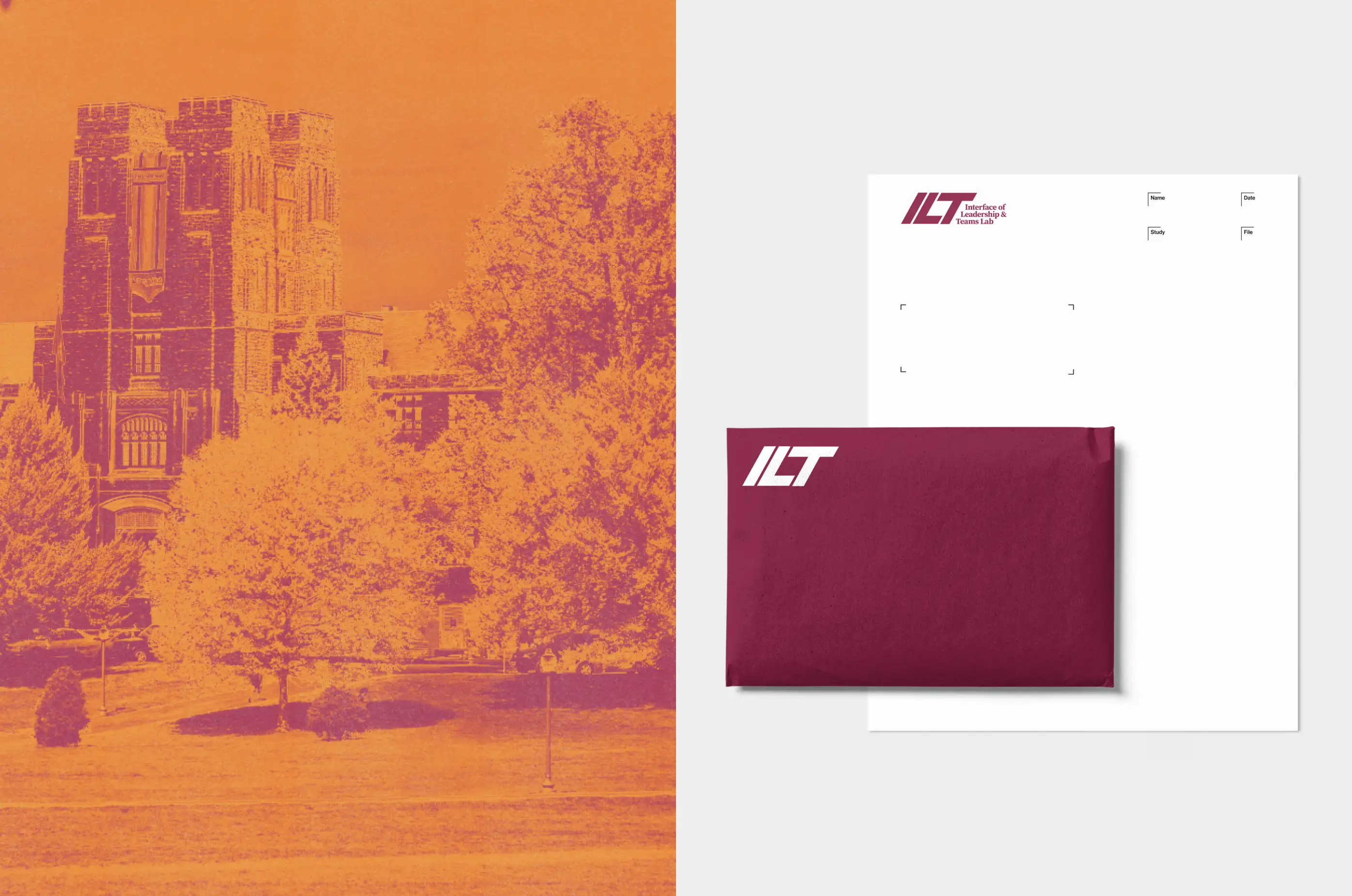 ILT Lab — Stationery mockup with Virginia Tech campus background — Brand collateral