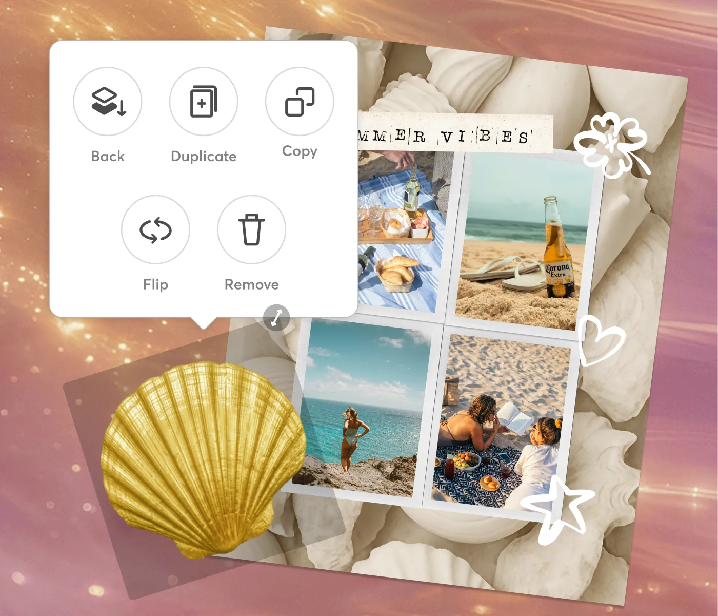 Phone showing photo editing tools 'Erase Object' and 'Expand Photo' beside pressed flower decorations