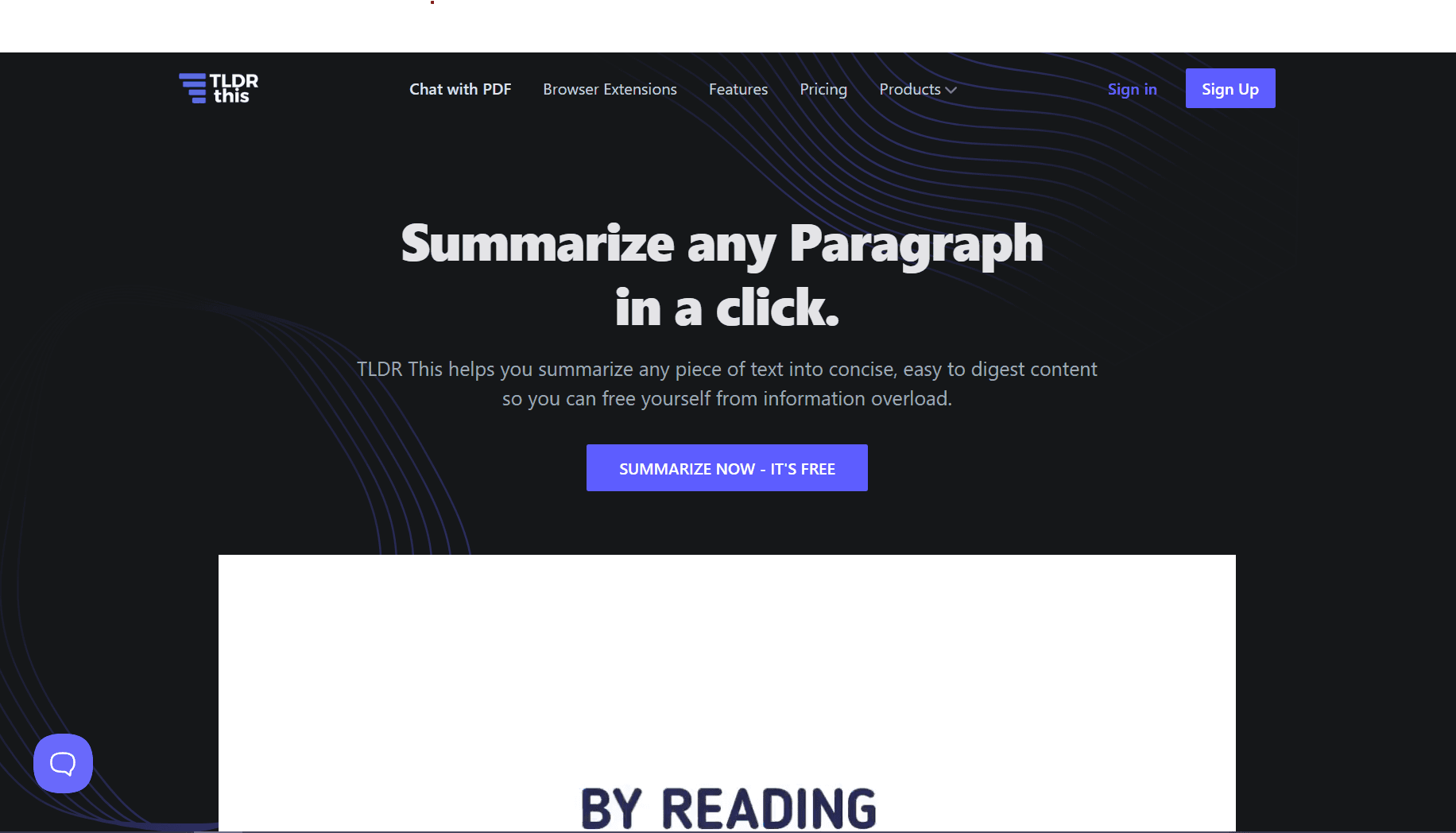 Homepage screenshot of TLDR This featuring the headline “Summarize any Paragraph in a click” on a dark background with a call-to-action button.
