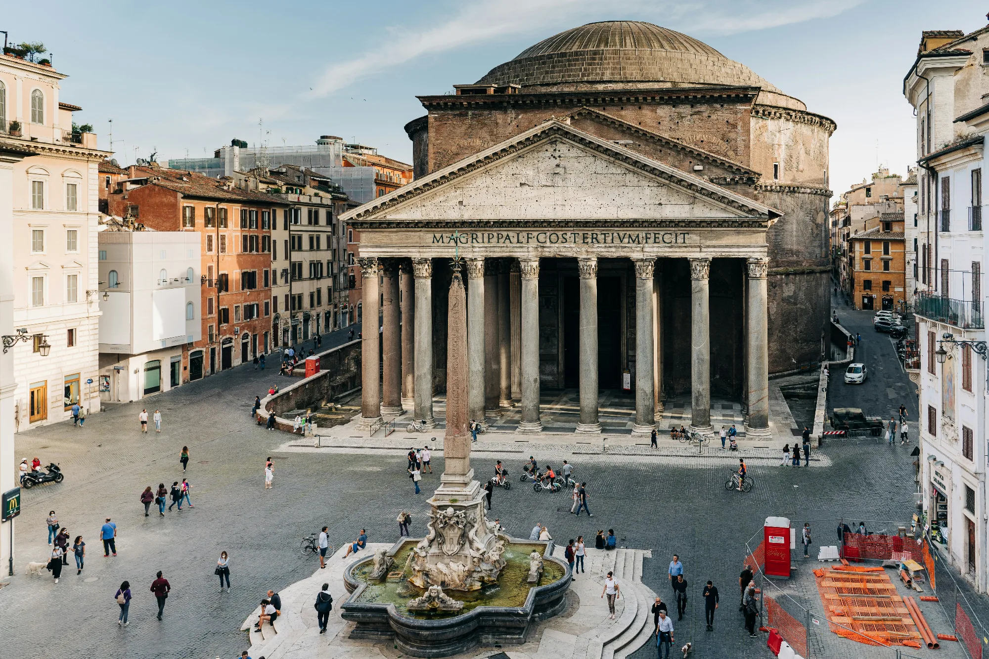Pantheon temple in Rome, Italy with piazza, fountain and obelisk