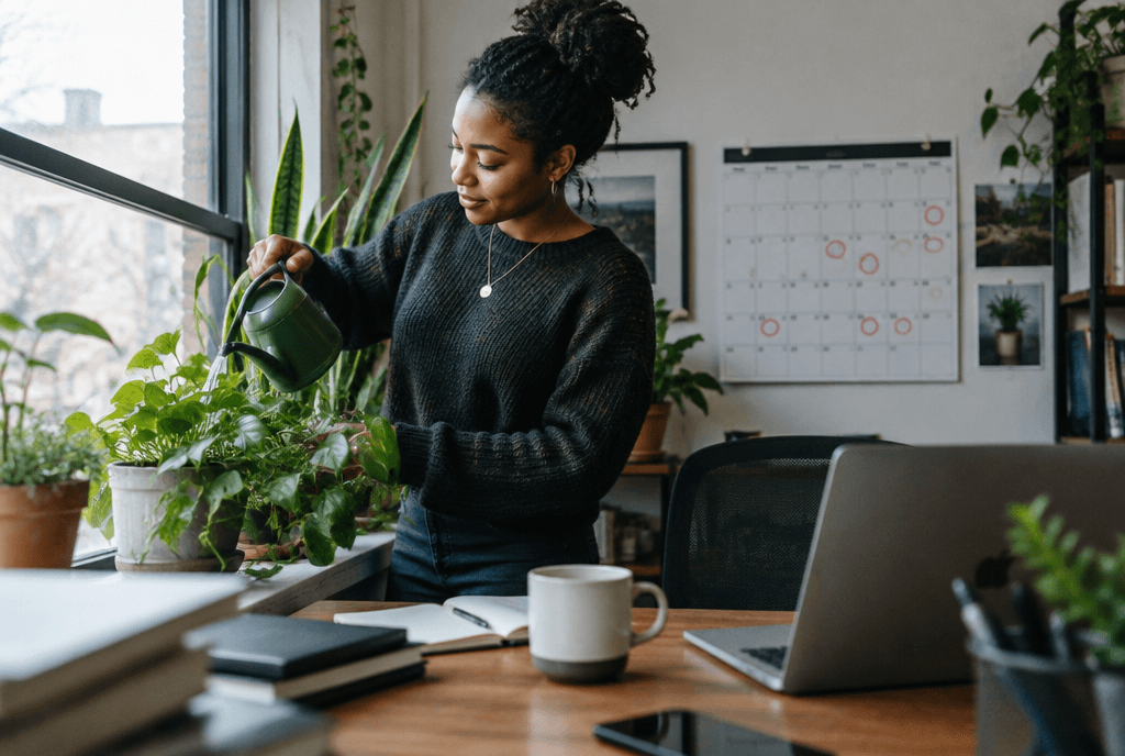 Business owner watering plants in a sunny office beside a calendar of monthly renewals