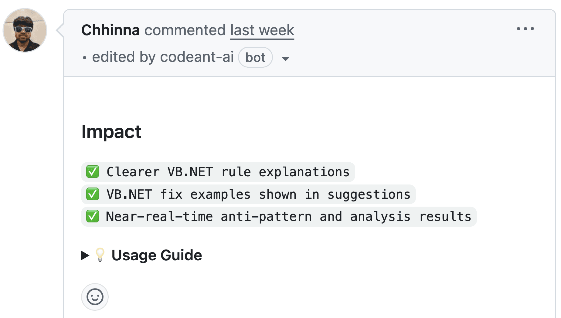 Codeant AI's Impact summary showing how the code changes affect clarity, performance, and developer experience.