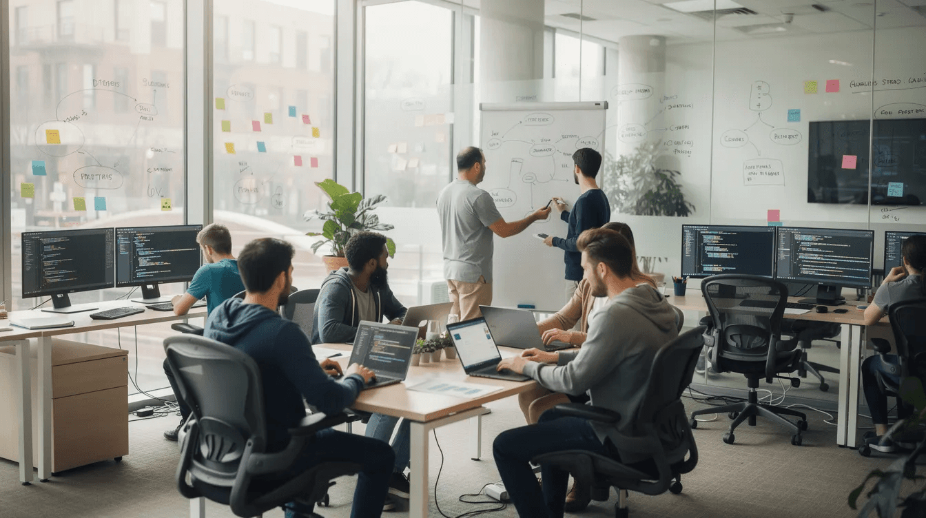 The image depicts a modern software development team collaborating in an open office space filled with whiteboards and monitors, showcasing a dynamic environment conducive to teamwork and innovation. This setting highlights the importance of personalized learning paths and adaptive learning in training programs, essential for enhancing employee training and engagement in today's digital transformation era.