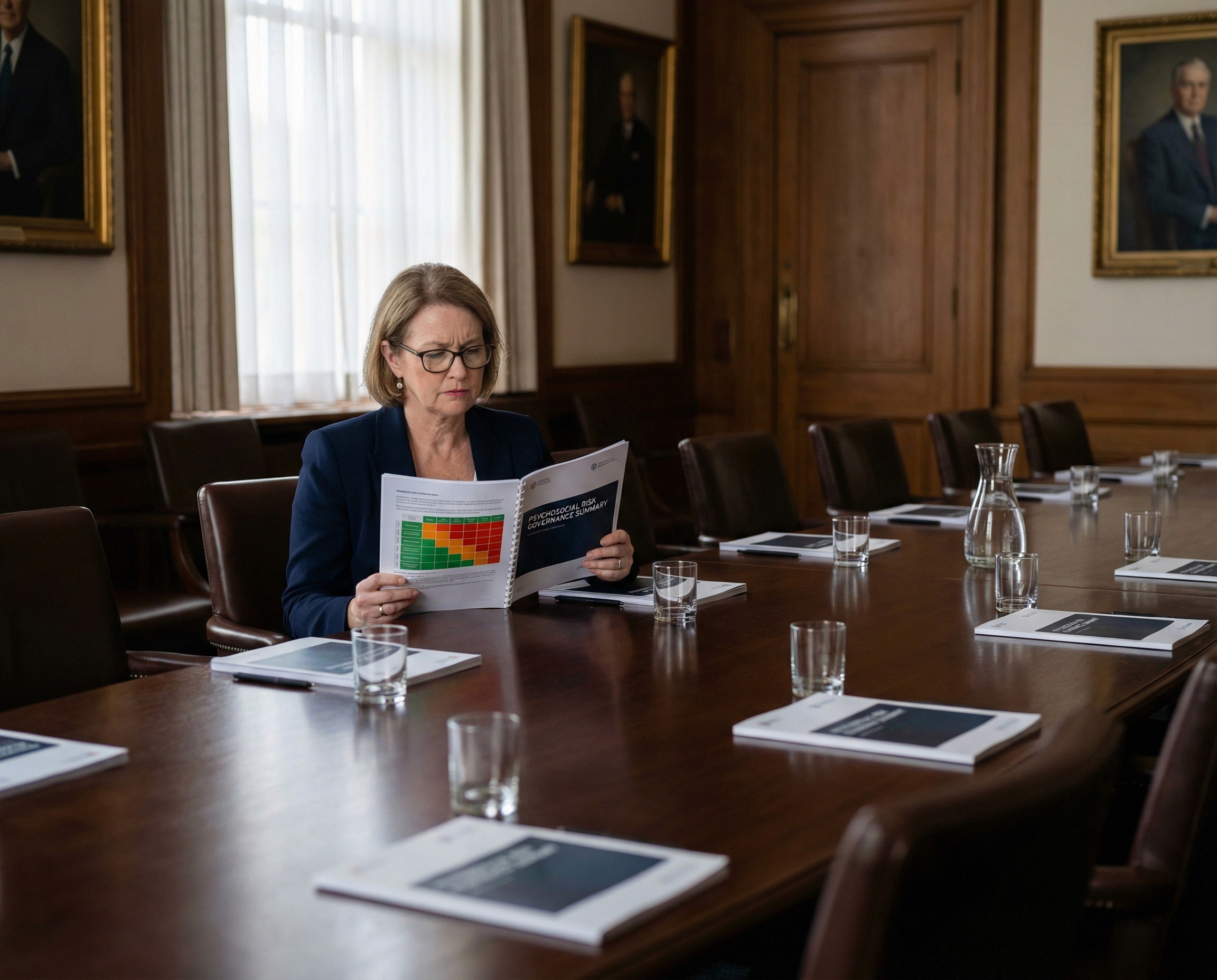 A non-executive director in her late 50s sitting alone in a large, formal boardroom before the other directors arrive, reading a psychosocial risk governance summary that has been placed at her seat. She has arrived early deliberately. The document is open to an interior page showing a structured risk heat map — teams or divisions down one axis, hazard categories across the other, coloured cells indicating severity — visible in pattern and colour but not legible. Her reading glasses are on and she is studying the heat map with the focused, slightly troubled attention of someone seeing an exposure she suspected existed but has never been shown in structured form.