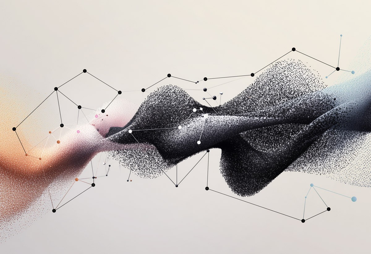 An AI generated image of two models of data combining representing complexity within AI vocabulary