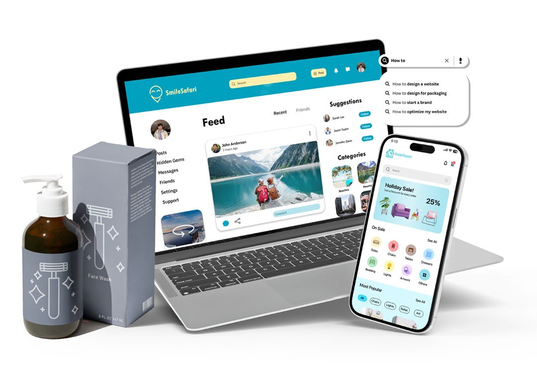 A computer, smartphone, and devices arranged together, showcasing a social media interface and data visuals.