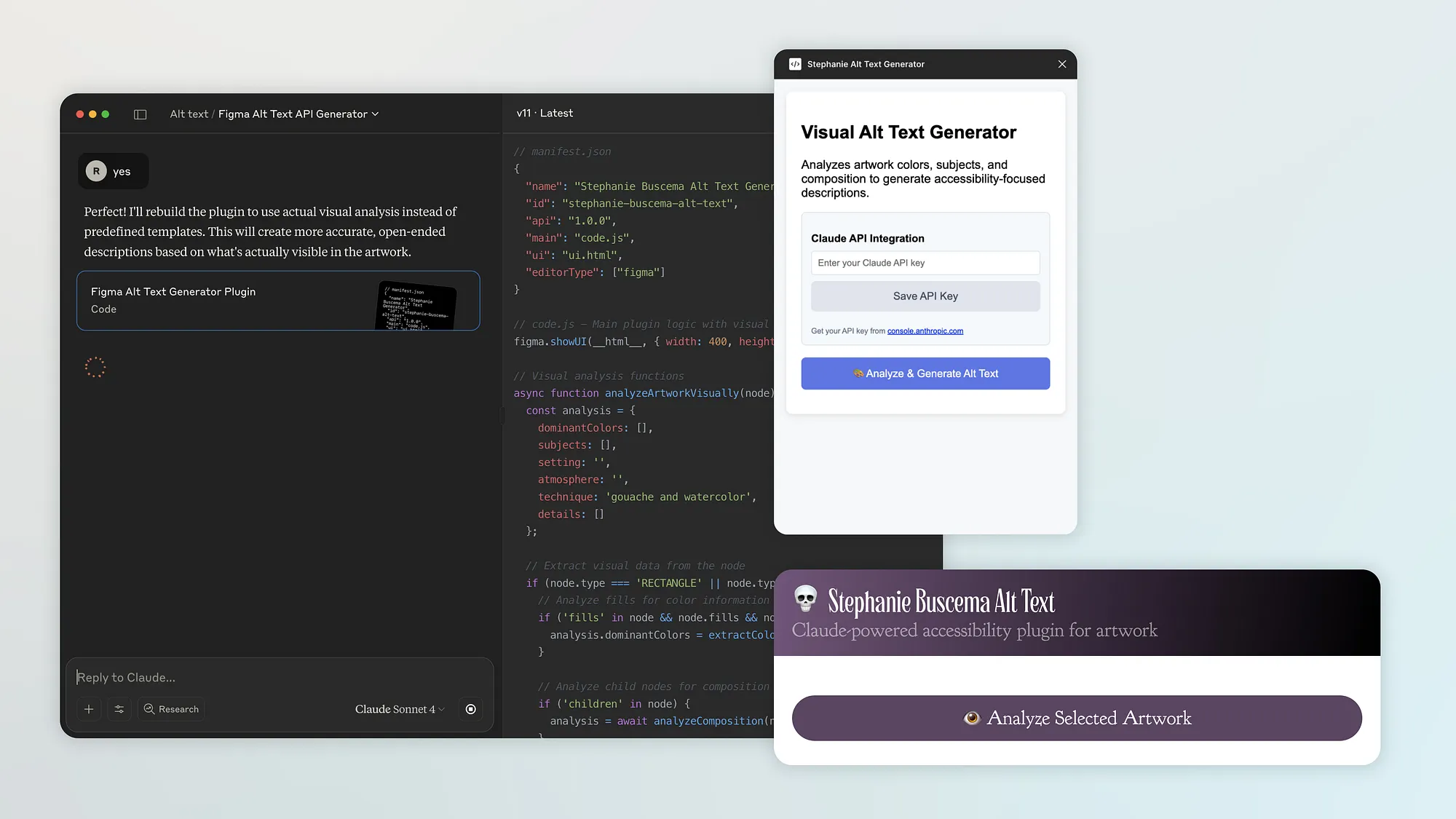 Split screen showing code editor with Figma plugin development code on left, and Visual Alt Text Generator interface on right with Claude API integration setup and the Stephanie Buscema Alt Text plugin design examples below.