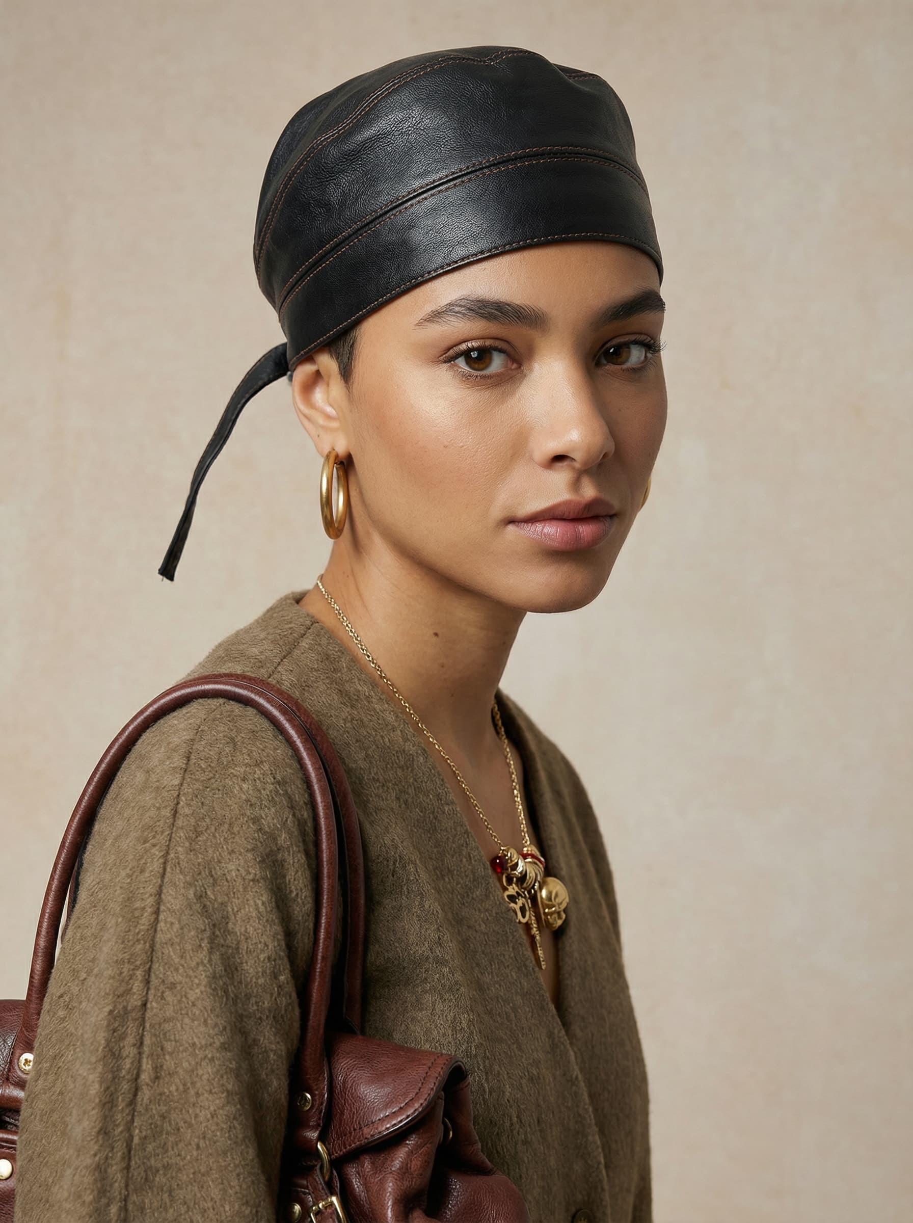 A person wearing a black leather headscarf and gold hoop earrings carries a brown leather bag, dressed in a brown sweater, with a necklace featuring gold charms, set against a neutral background.
