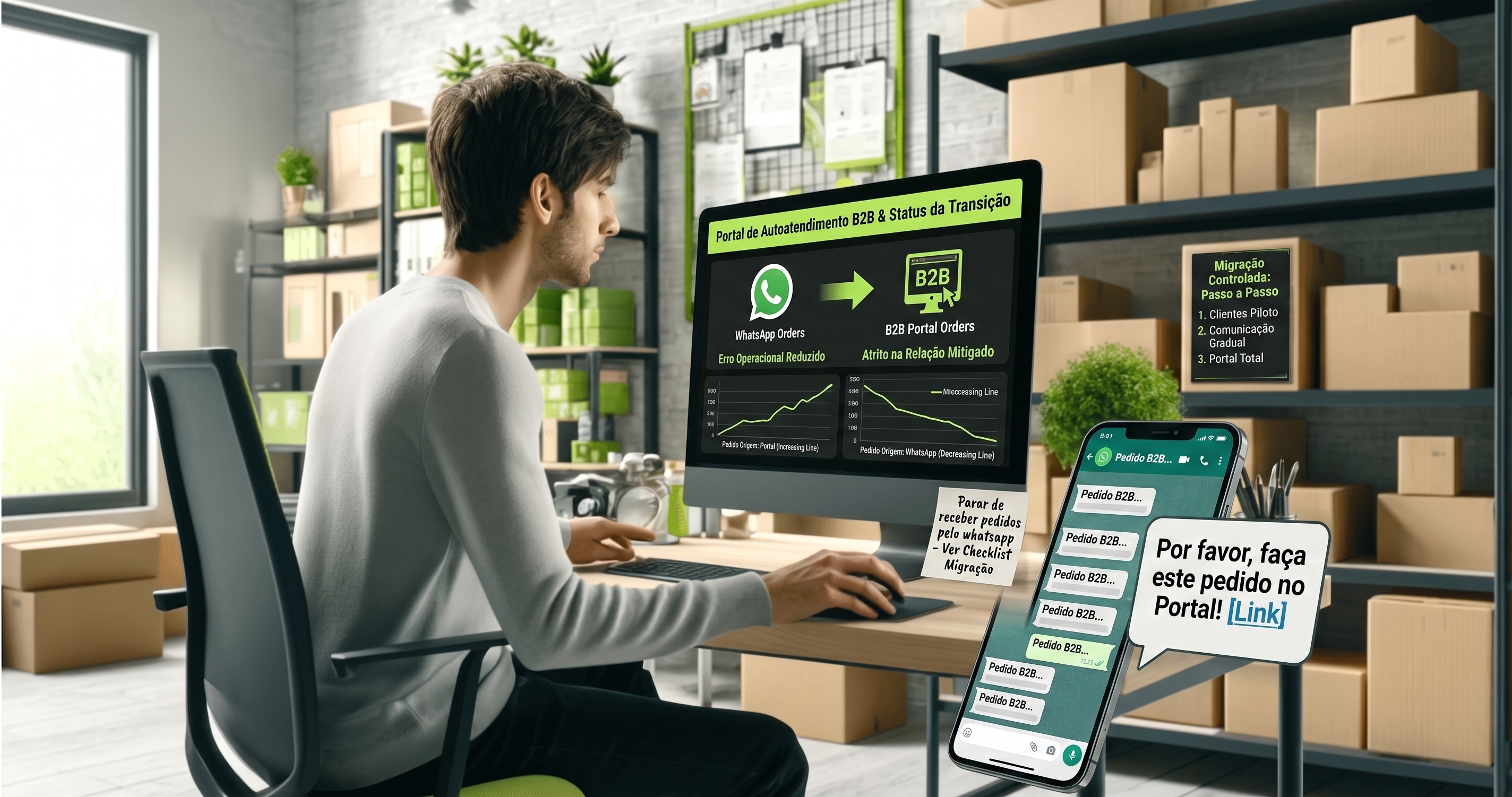 Um homem focado em seu escritório, usando um computador que exibe um portal de autoatendimento B2B para rastrear a transição de pedidos. Um smartphone próximo exibe uma mensagem de bate-papo simulada que direciona os clientes para fazer pedidos no portal via um link, em vez de pelo WhatsApp, conforme indicado na tela do monitor e em um post-it próximo. O ambiente é um escritório com prateleiras de caixas de papelão.