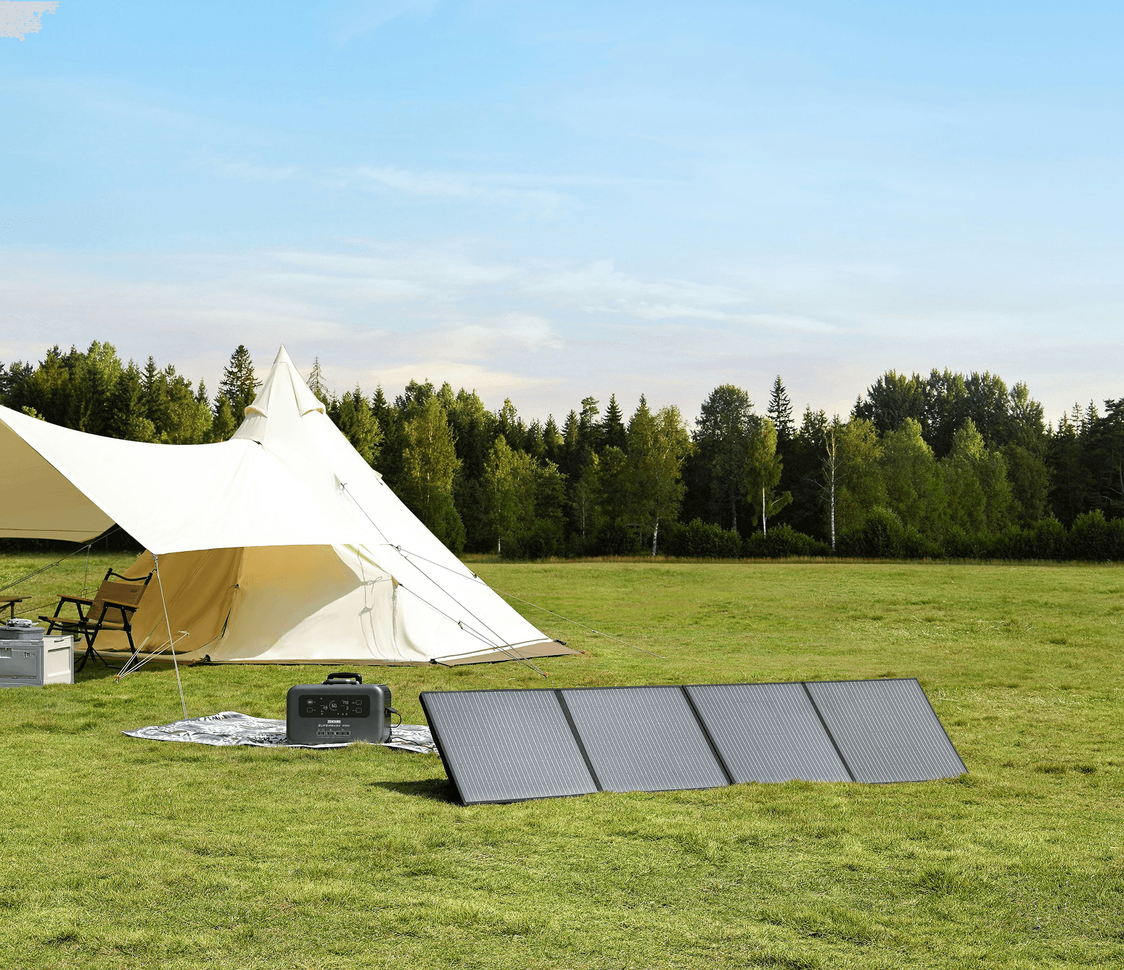 Camping setup with a tent, portable power station, and solar panels