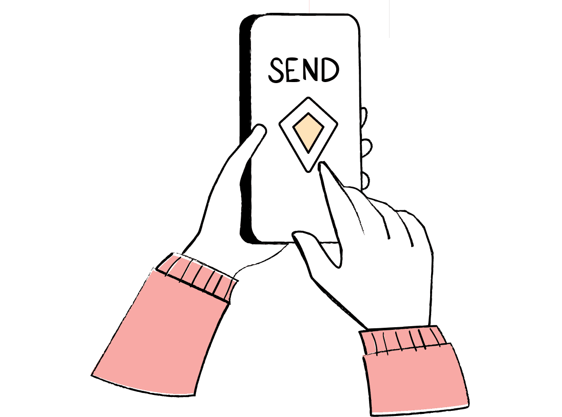 A close-up illustration of hands holding a smartphone, with a finger pressing the 'SEND' button on the screen.