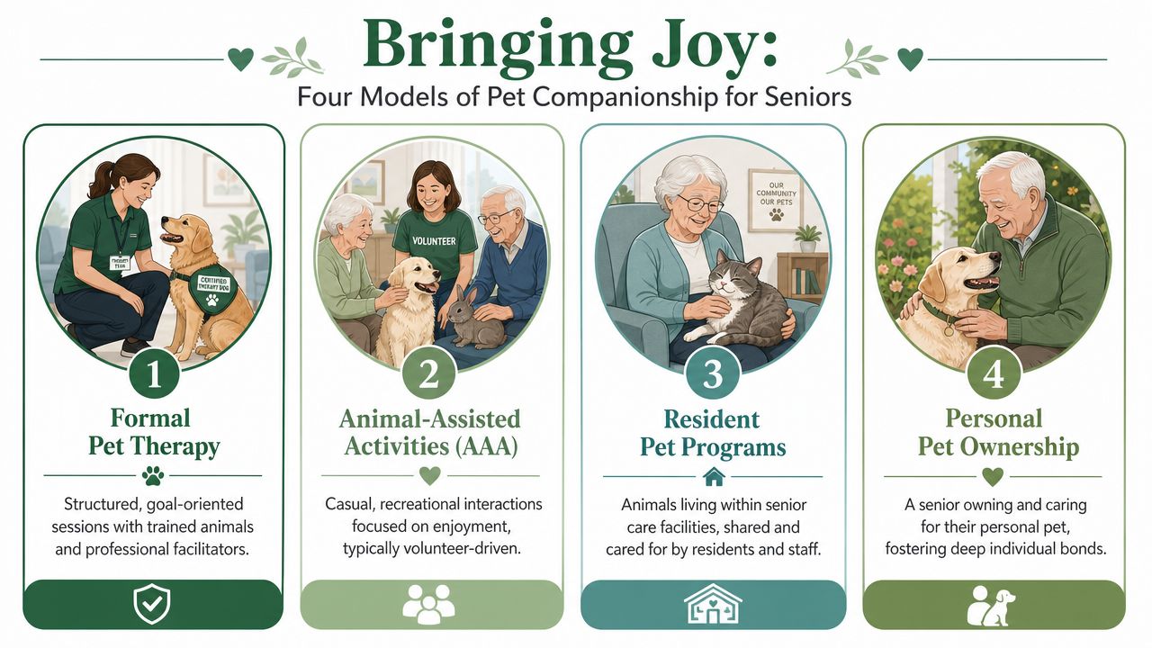 An infographic illustrating four different models of pet companionship for seniors, including therapy, activities, and ownership.